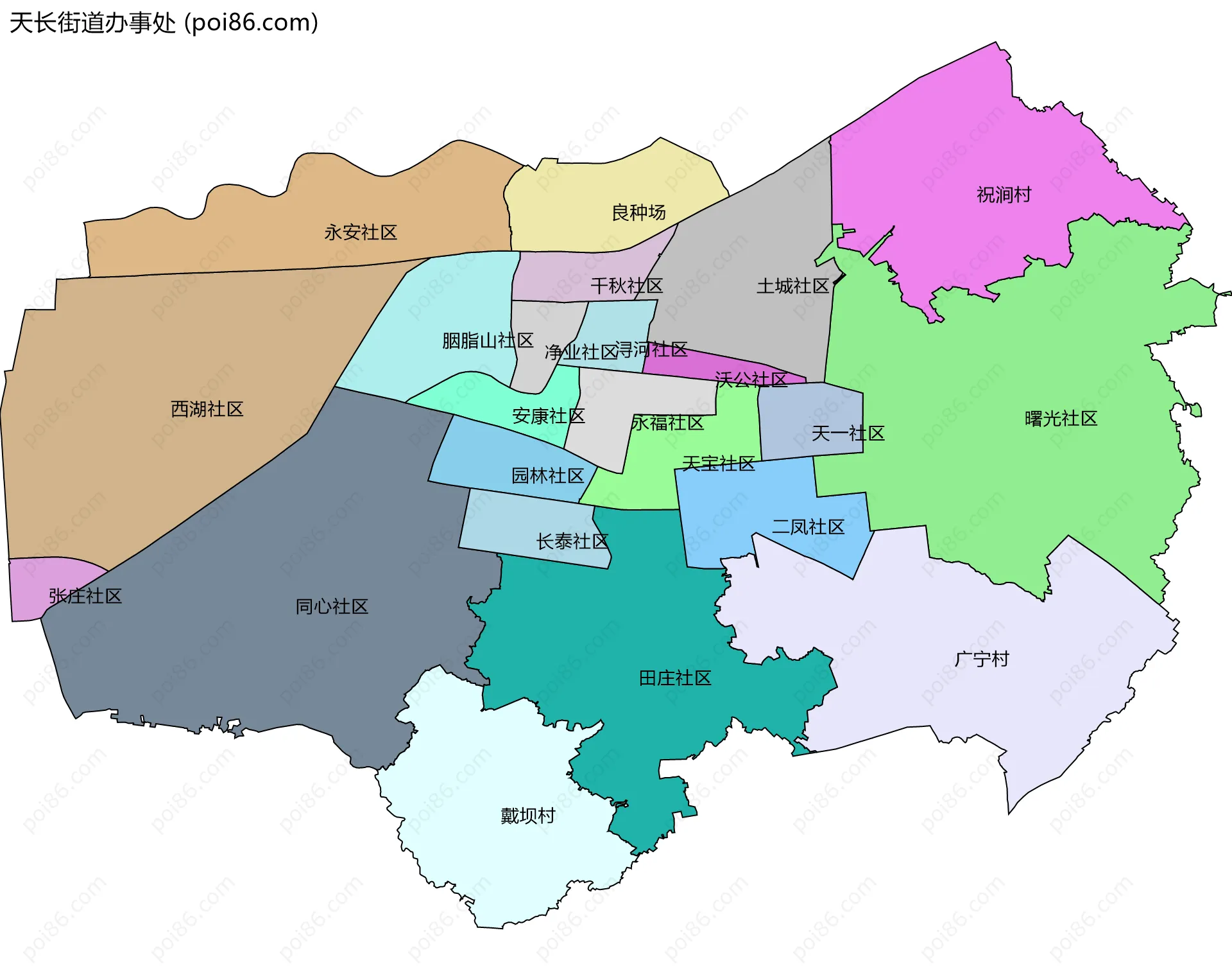天长街道办事处边界地图(五级行政区划)