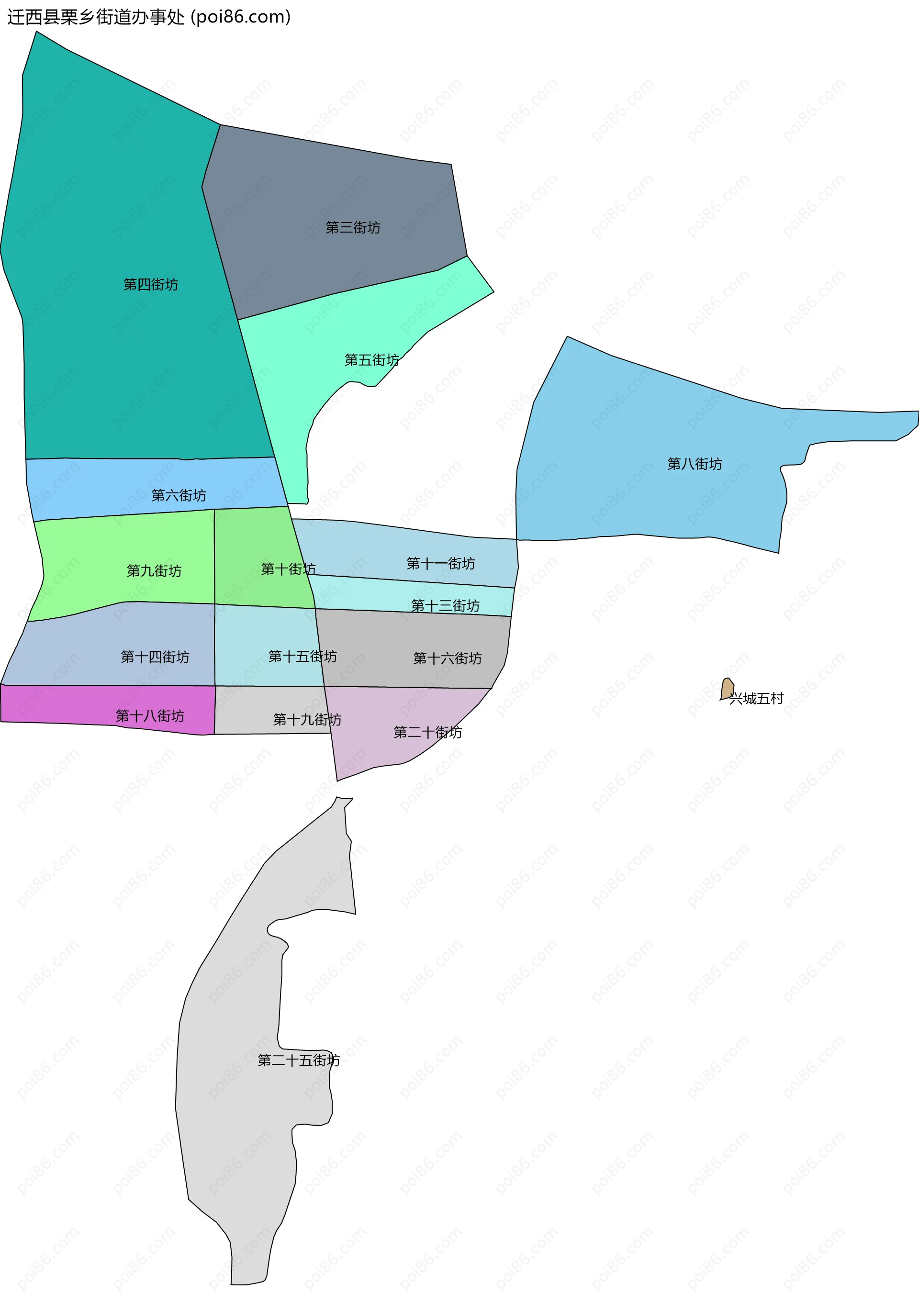 迁西县栗乡街道办事处边界地图(五级行政区划)
