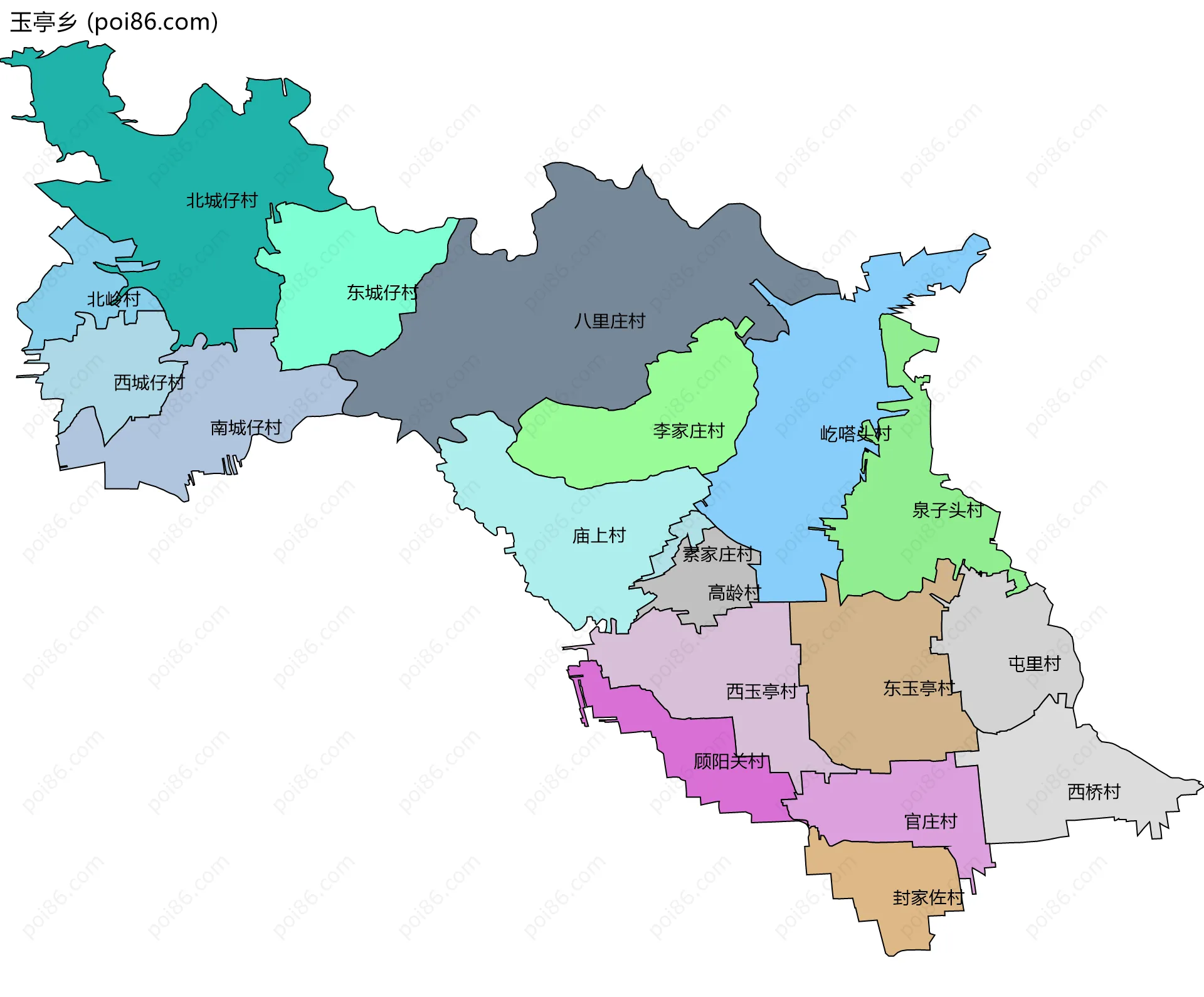 玉亭乡边界地图(五级行政区划)