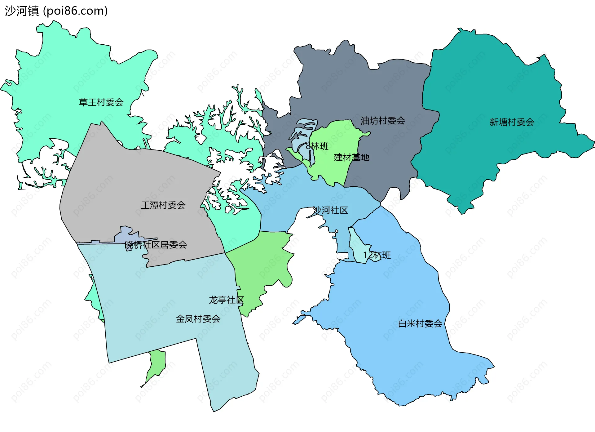沙河镇边界地图(五级行政区划)