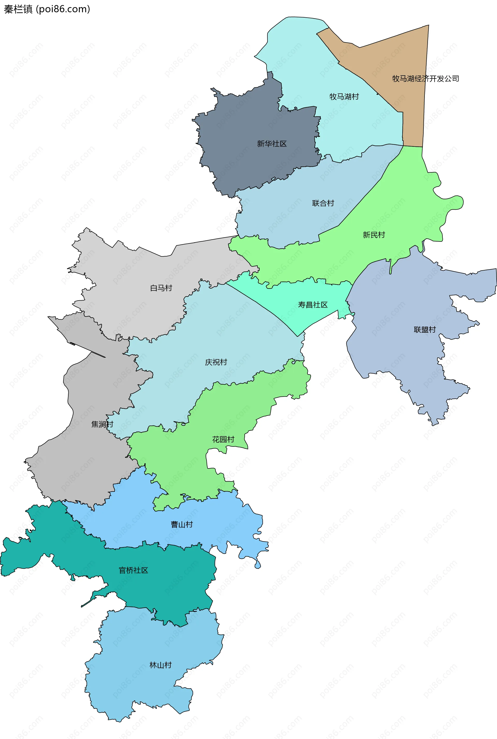 秦栏镇边界地图(五级行政区划)