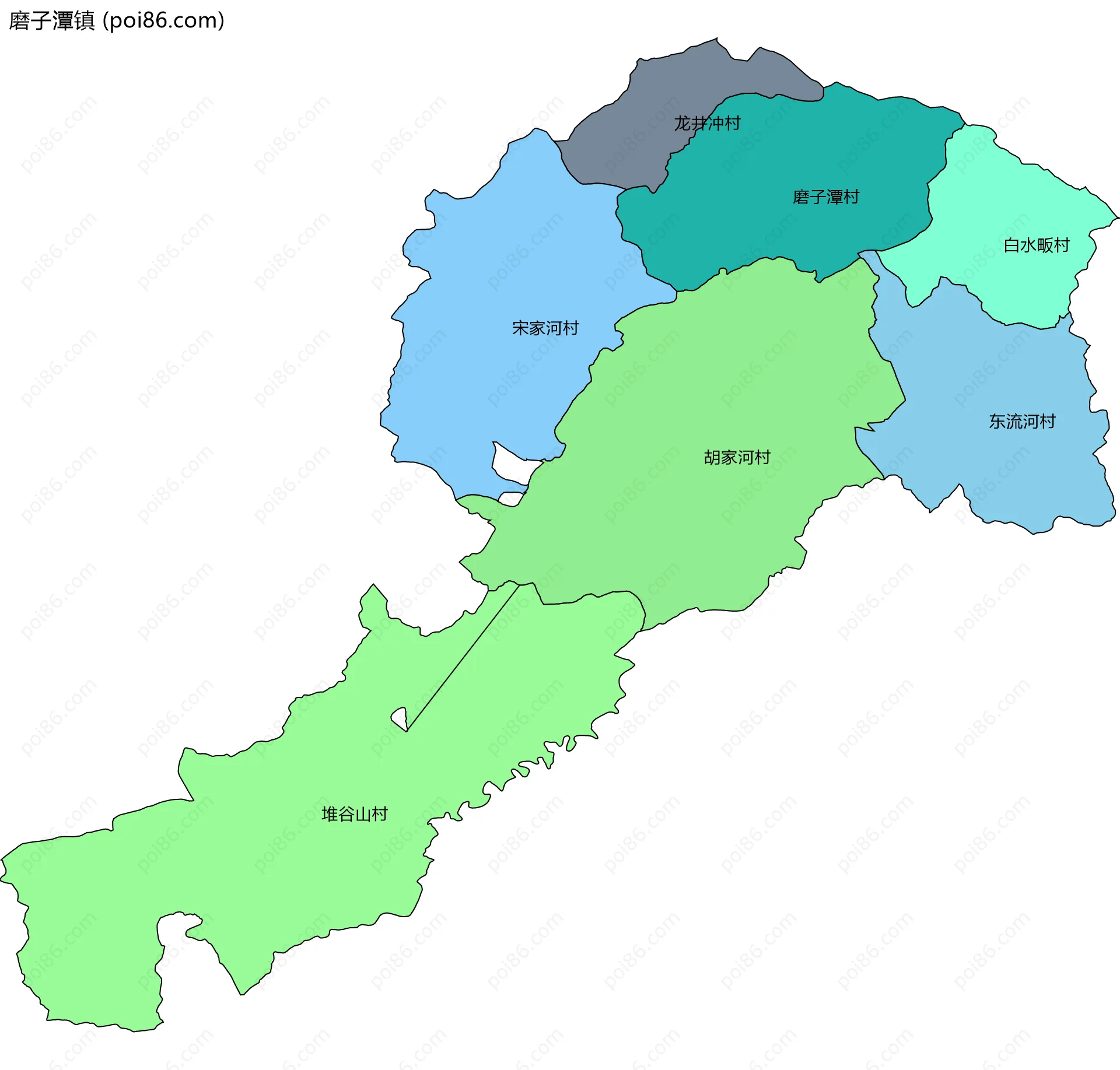 磨子潭镇边界地图(五级行政区划)