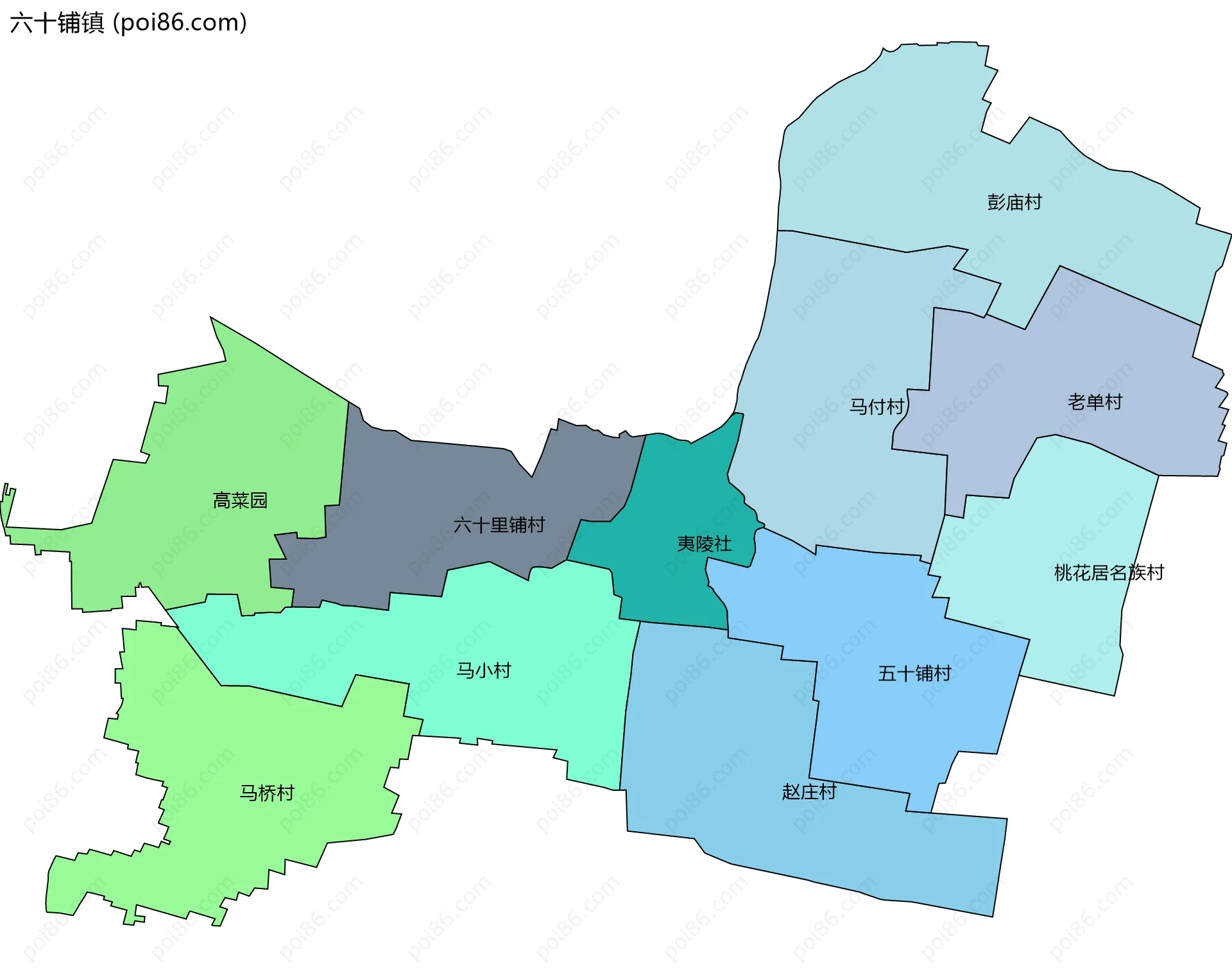 六十铺镇边界地图(五级行政区划)