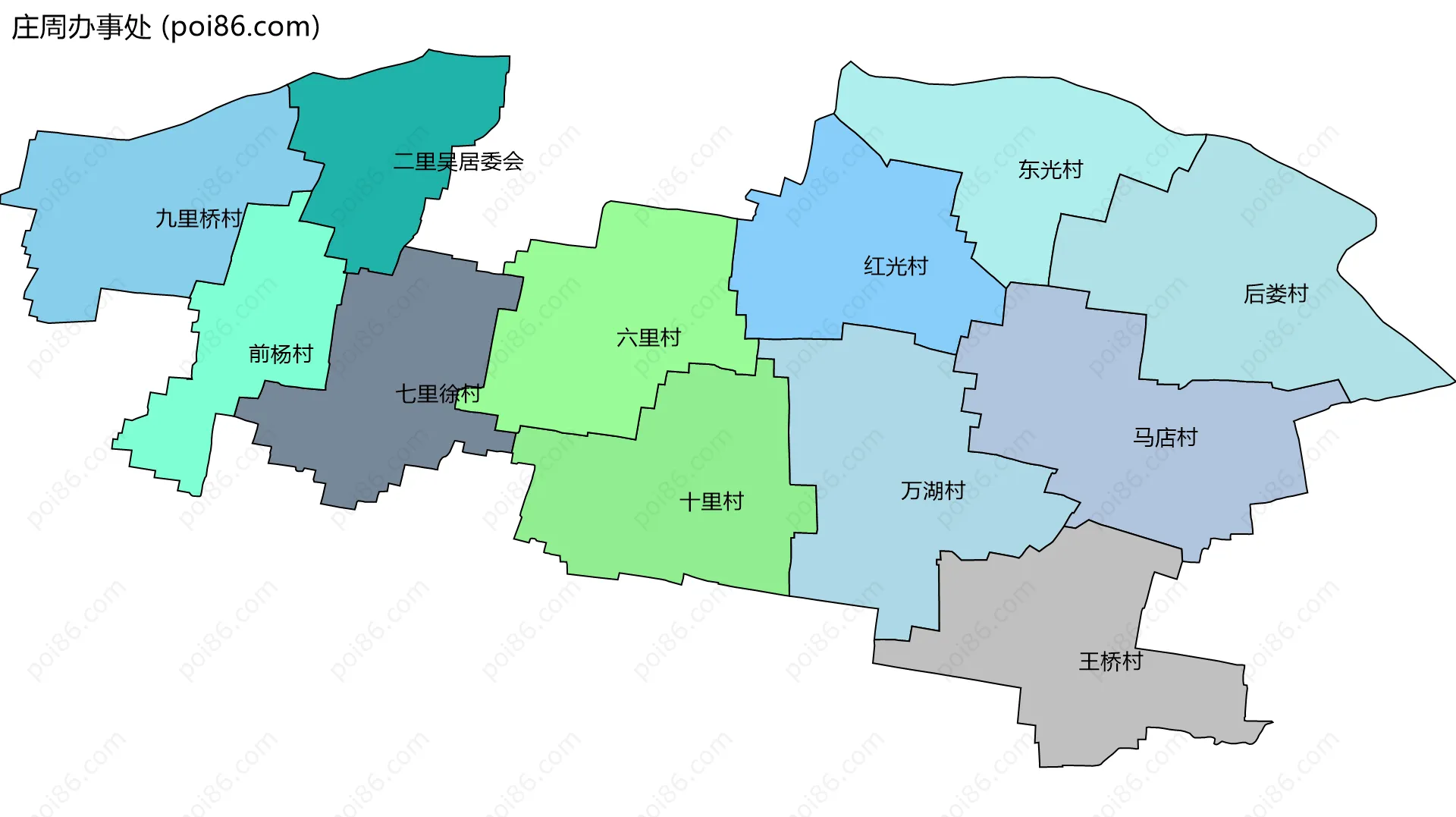 庄周办事处边界地图(五级行政区划)