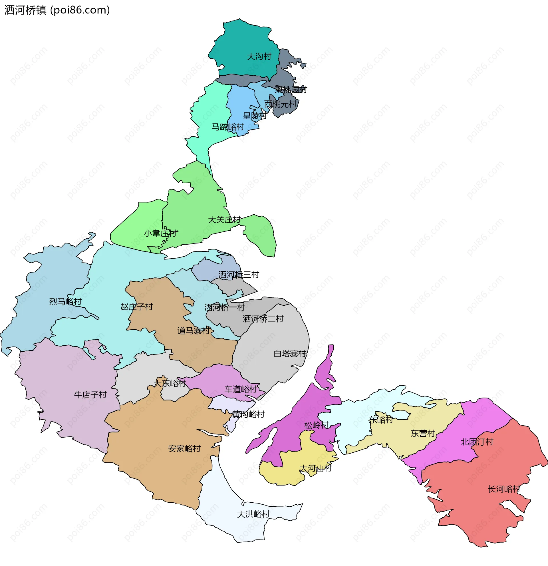 洒河桥镇边界地图(五级行政区划)