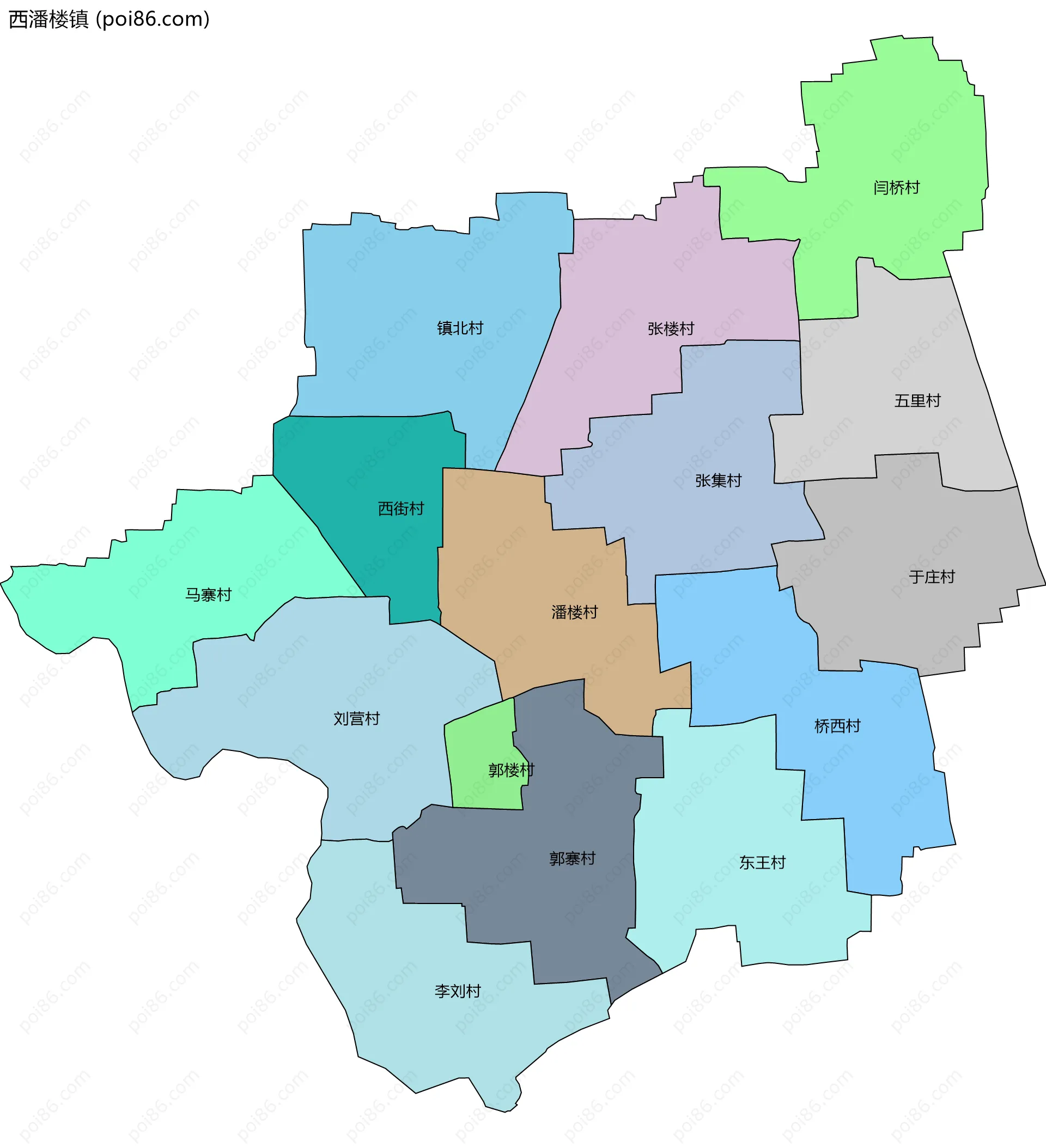 西潘楼镇边界地图(五级行政区划)