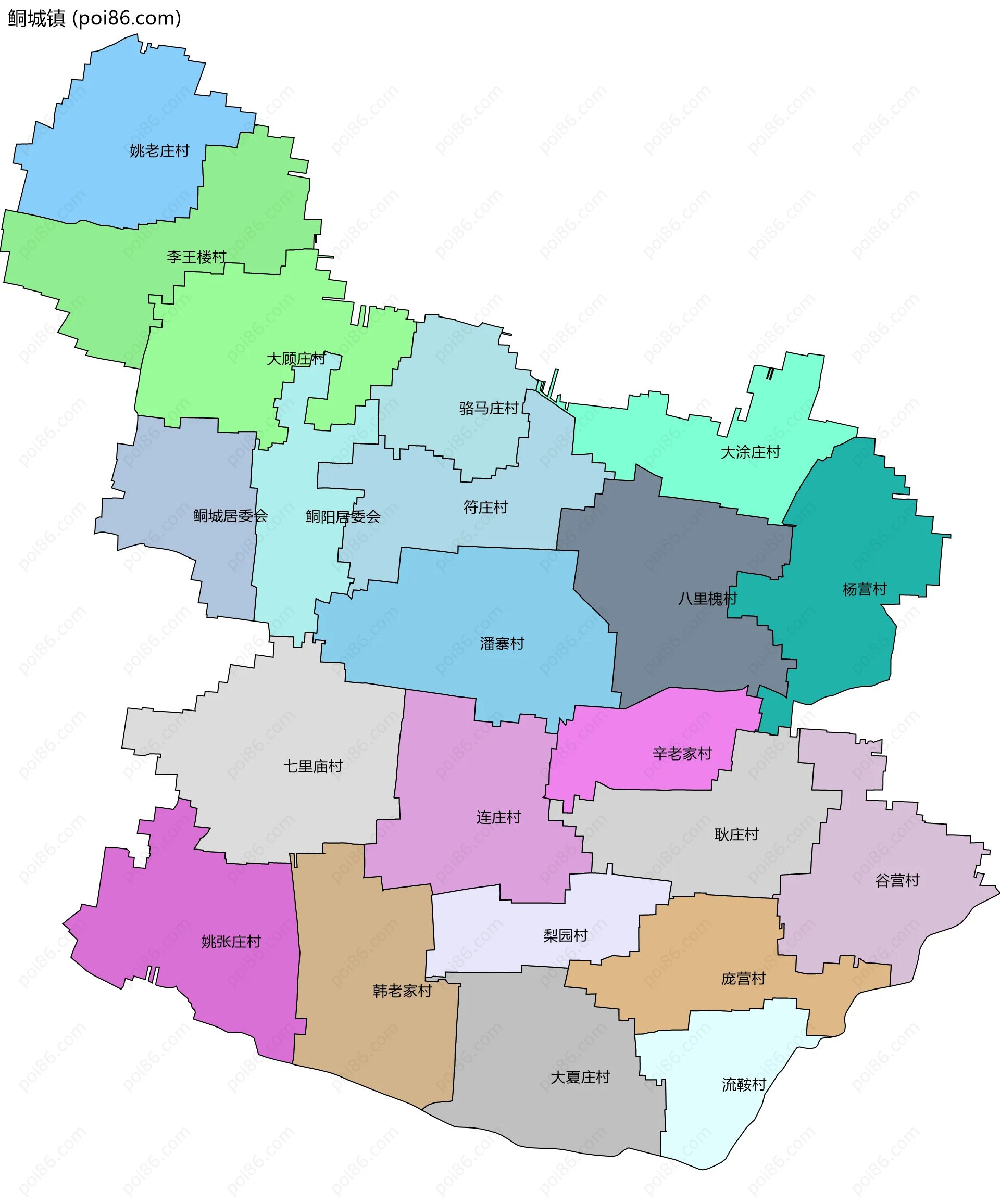 鲖城镇边界地图(五级行政区划)