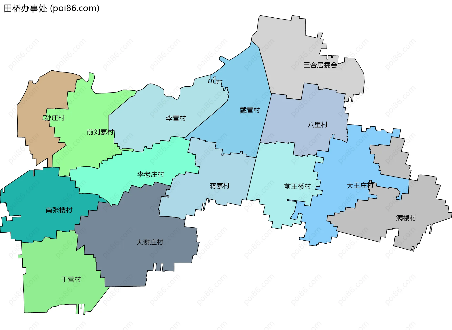 田桥办事处边界地图(五级行政区划)