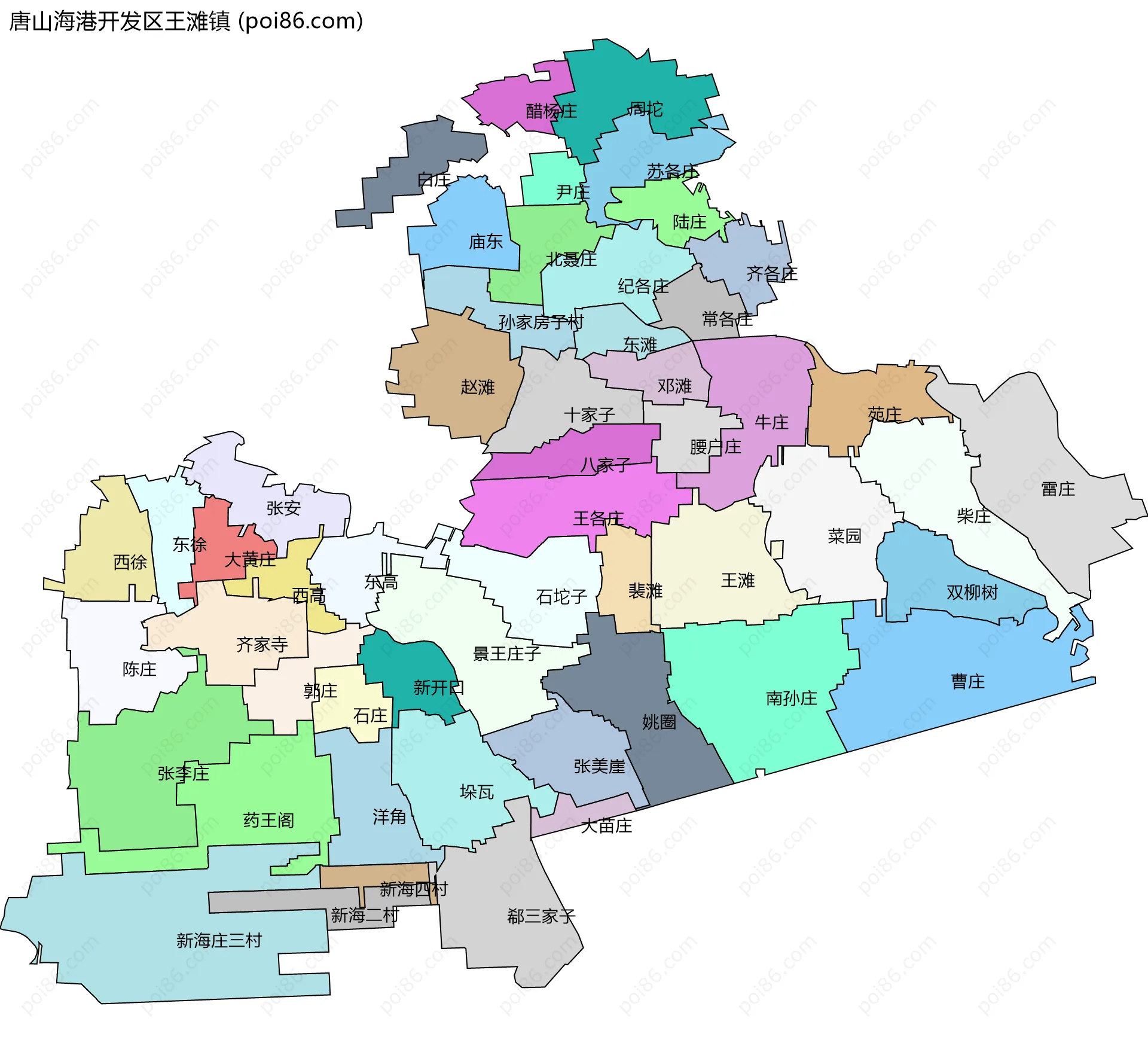 唐山海港开发区王滩镇边界地图(五级行政区划)