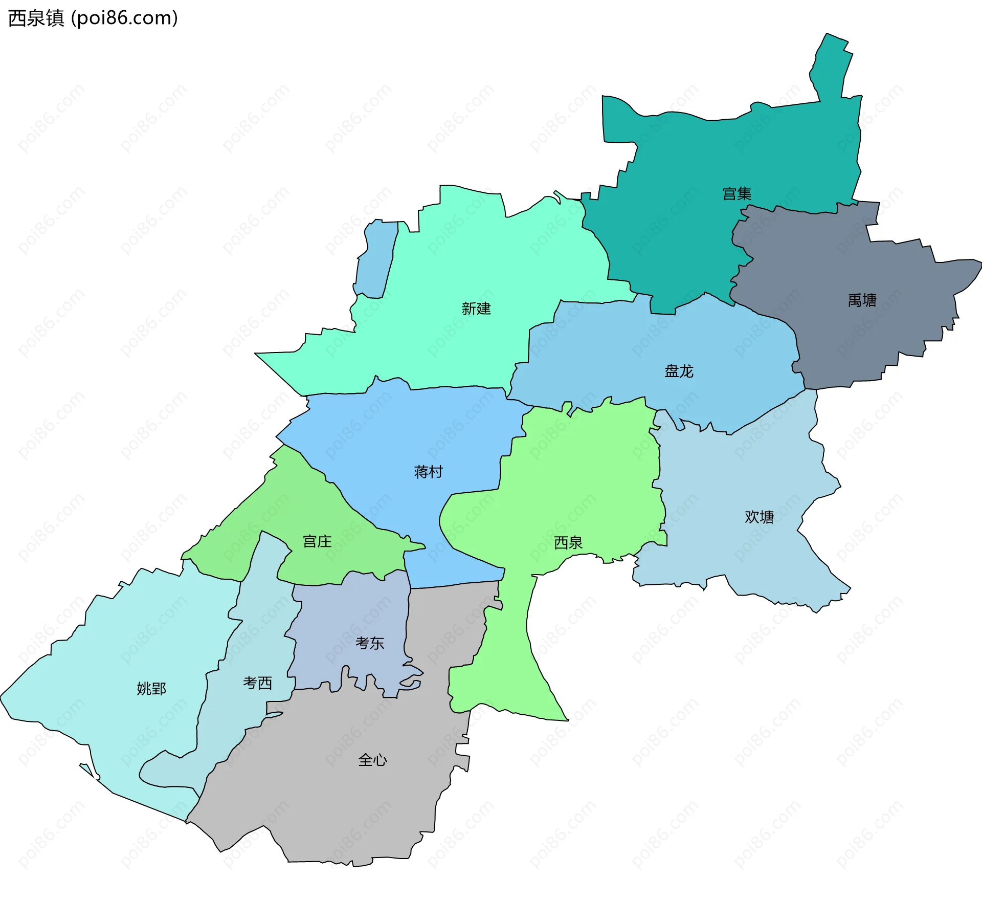 西泉镇边界地图(五级行政区划)
