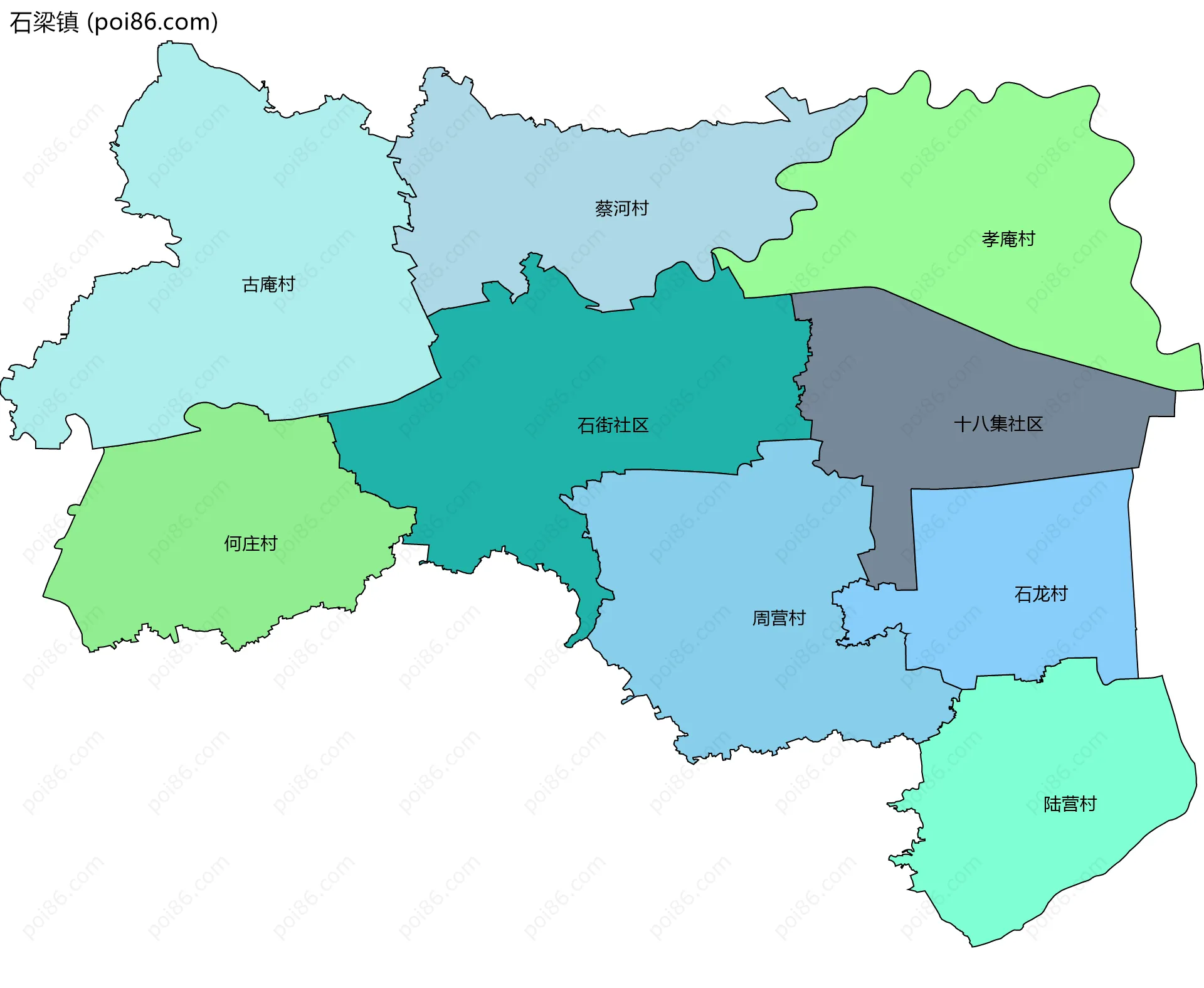 石梁镇边界地图(五级行政区划)