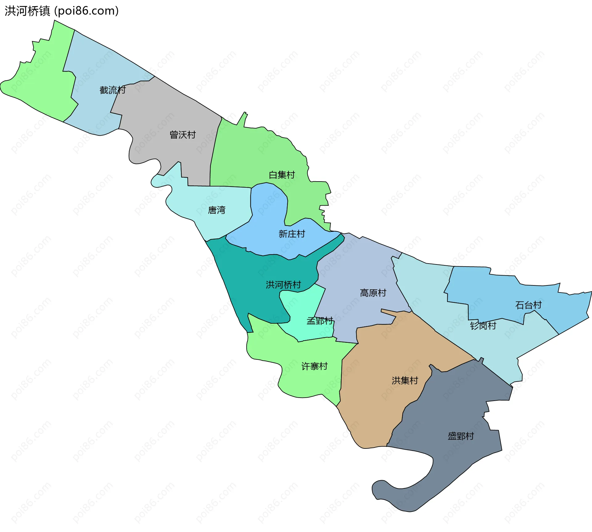 洪河桥镇边界地图(五级行政区划)