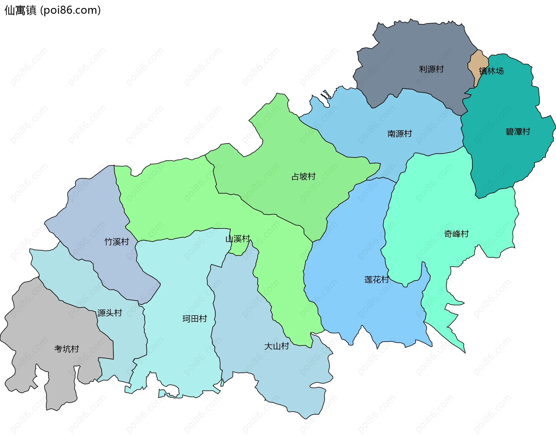仙寓镇边界地图(五级行政区划)