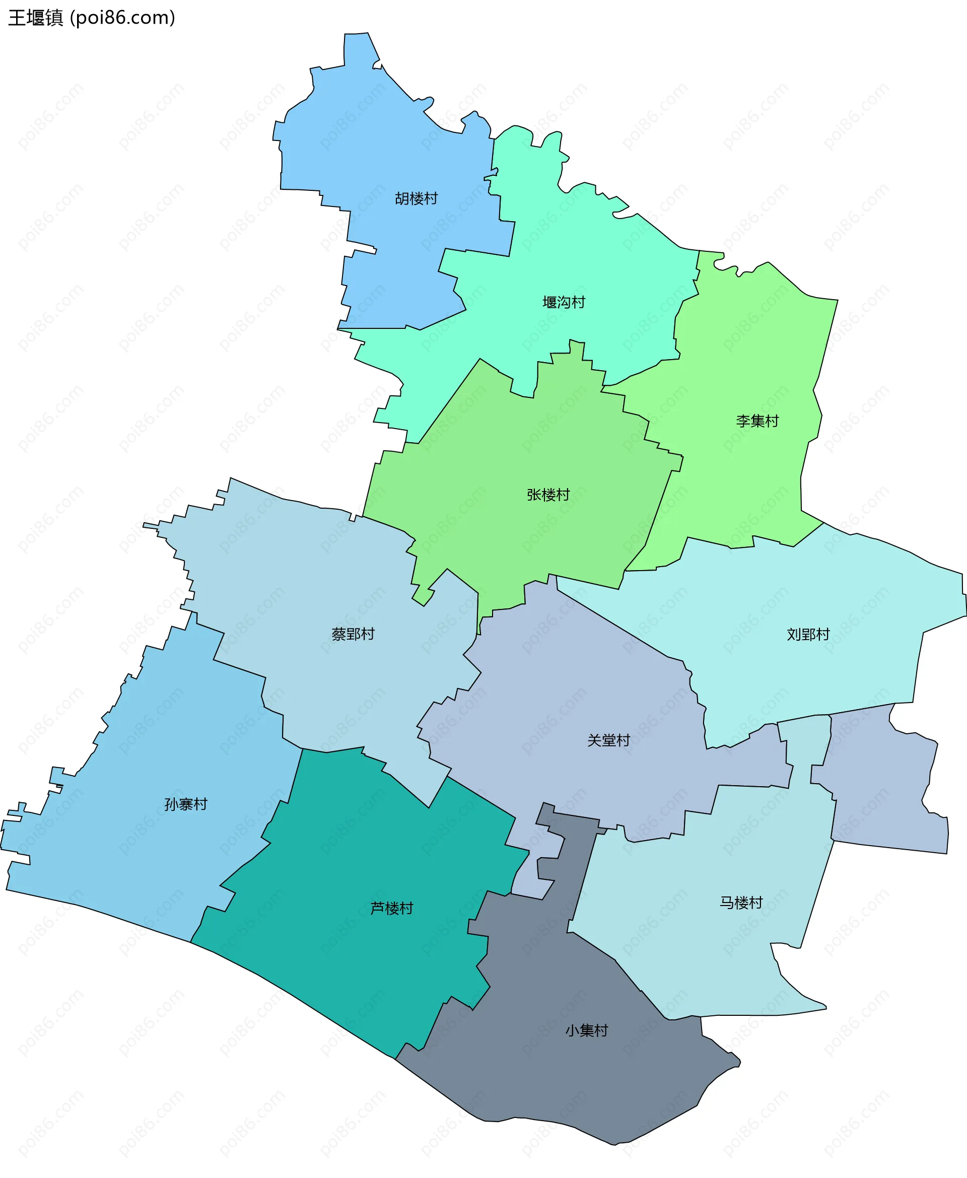 王堰镇边界地图(五级行政区划)