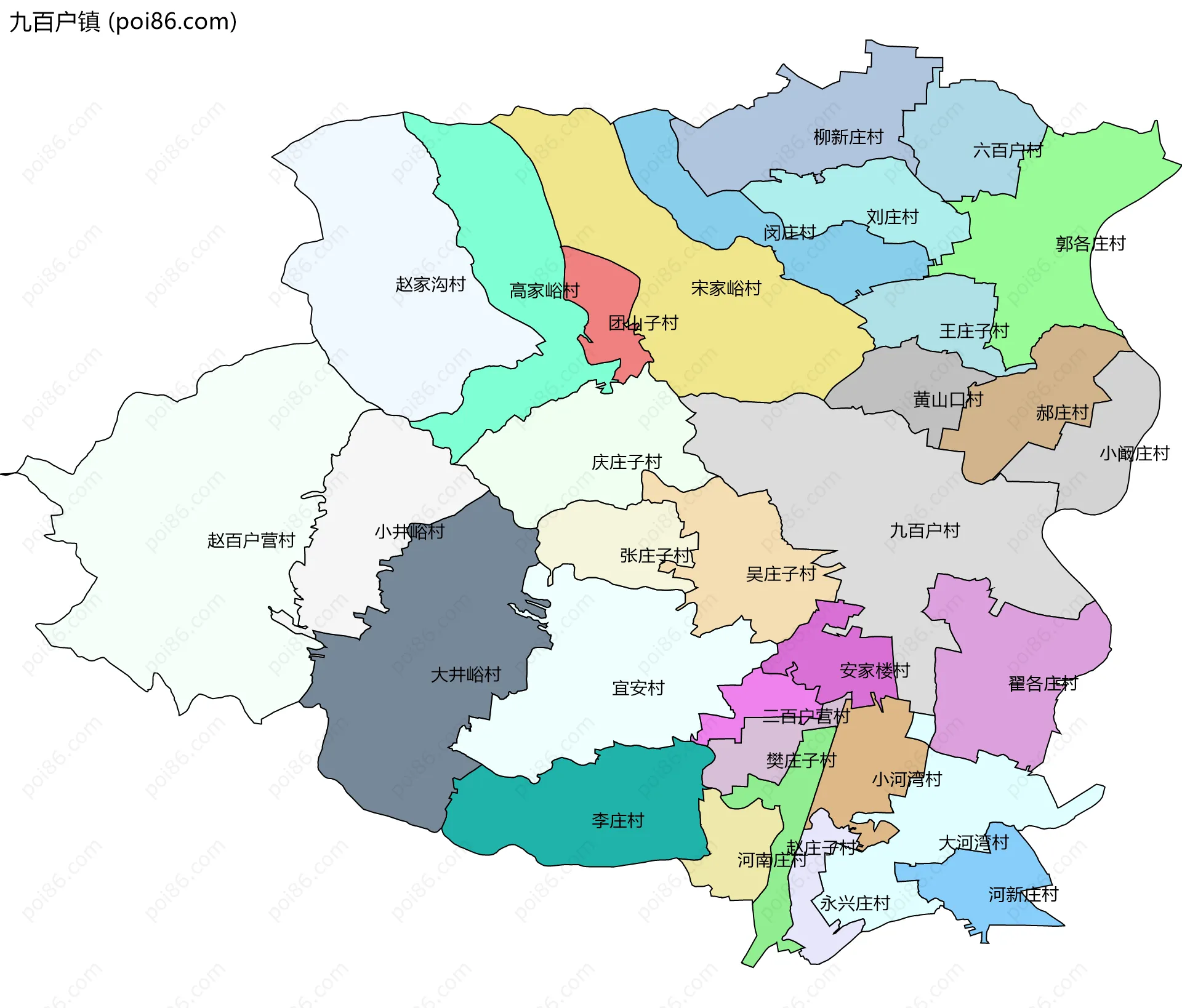 九百户镇边界地图(五级行政区划)