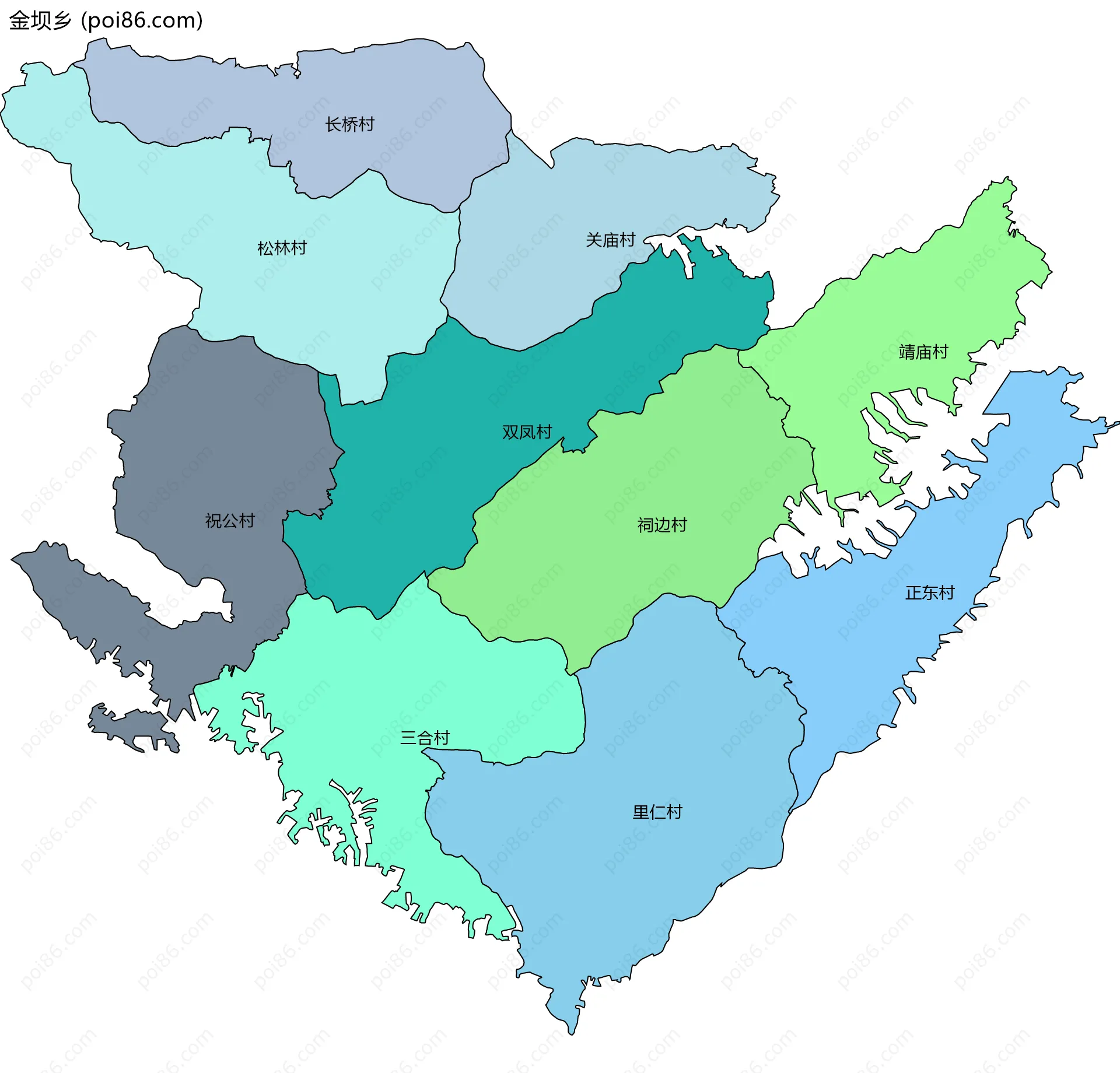 金坝乡边界地图(五级行政区划)