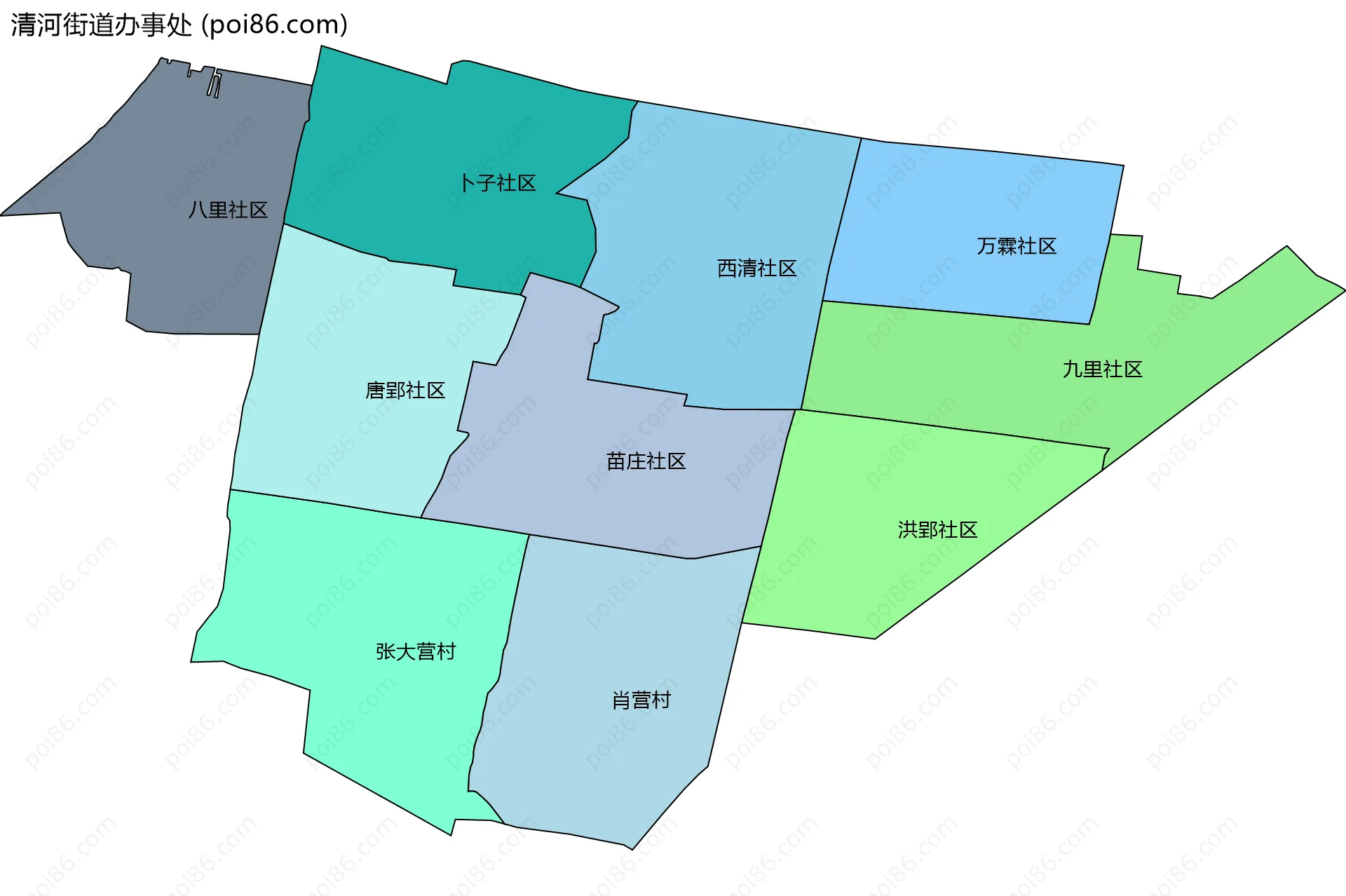 清河街道办事处边界地图(五级行政区划)