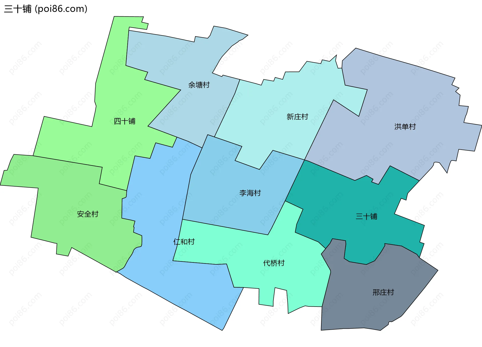 三十铺边界地图(五级行政区划)