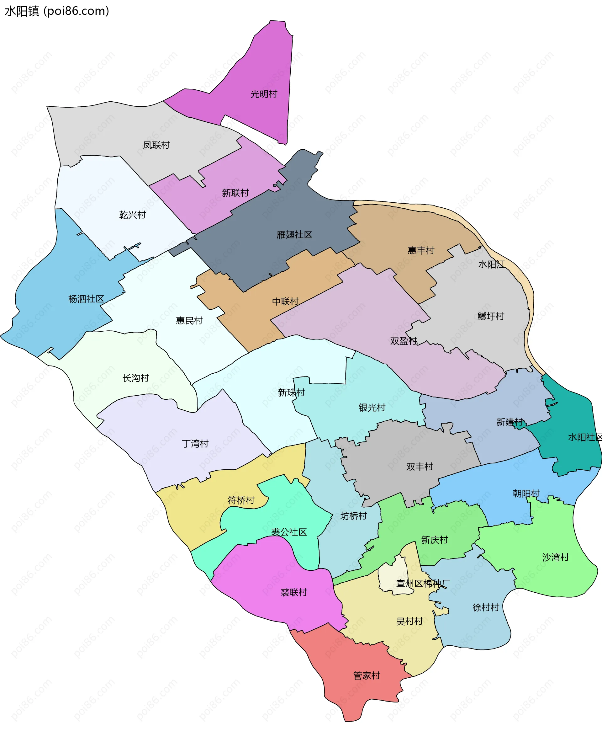 水阳镇边界地图(五级行政区划)