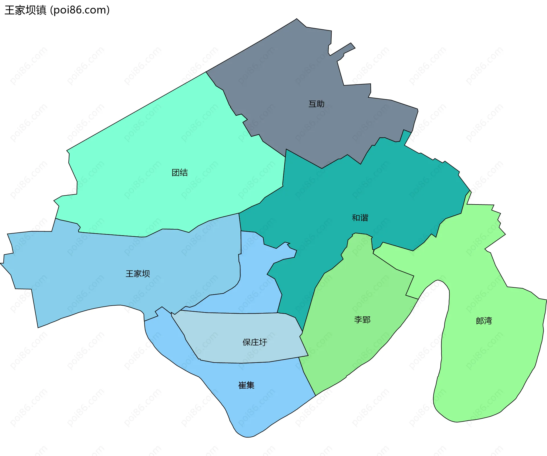 王家坝镇边界地图(五级行政区划)