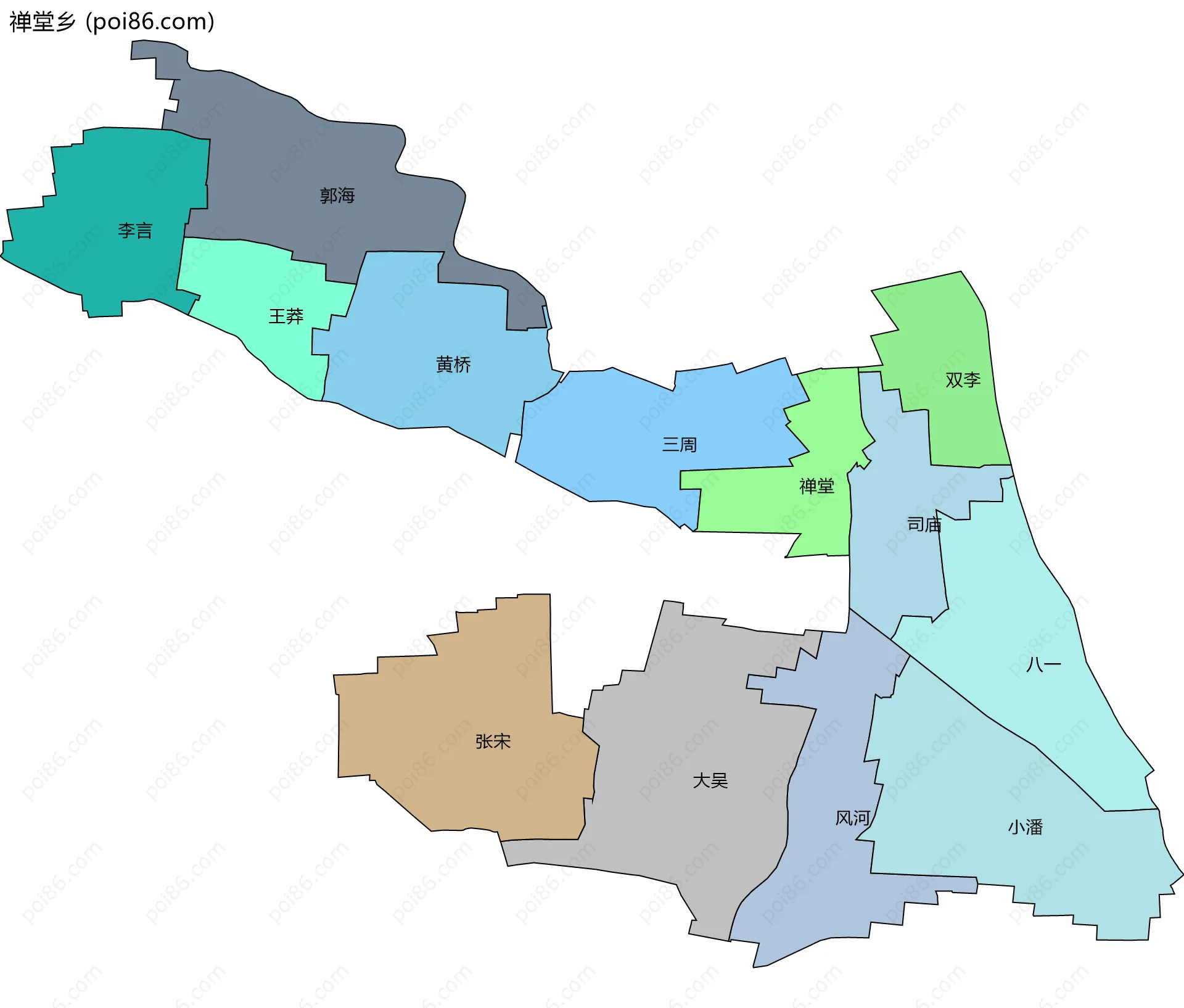 禅堂乡边界地图(五级行政区划)