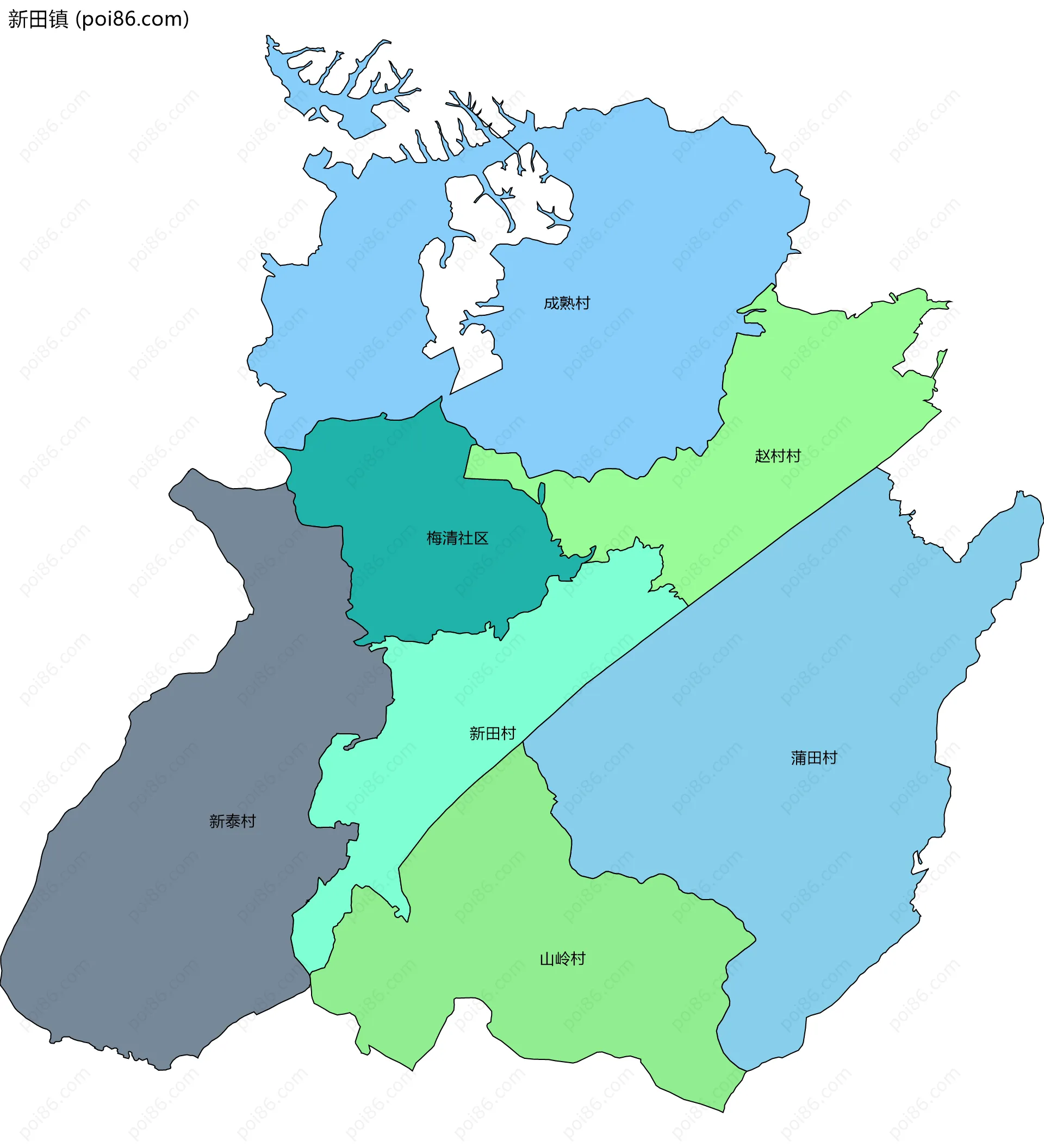 新田镇边界地图(五级行政区划)