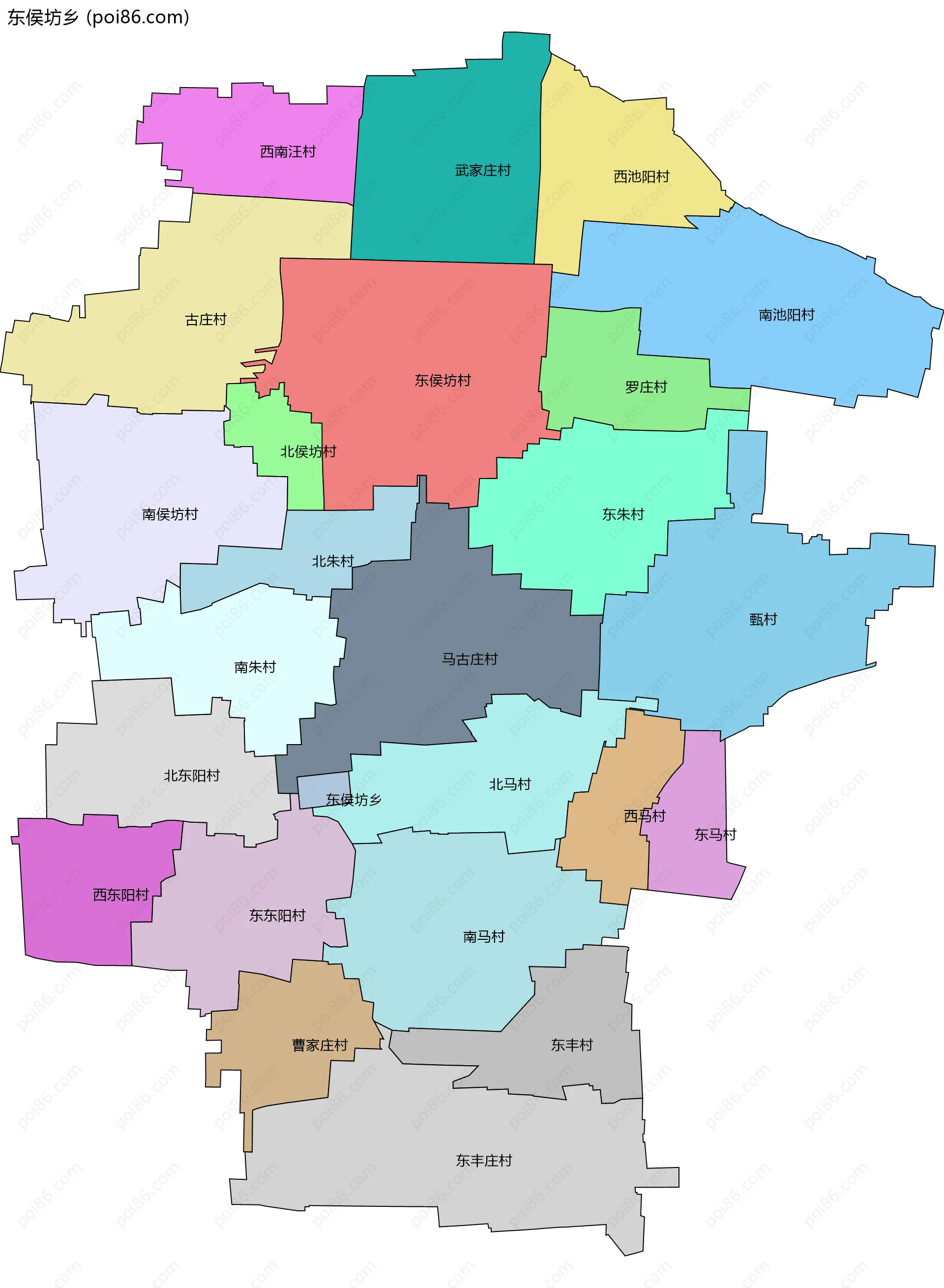 东侯坊乡边界地图(五级行政区划)