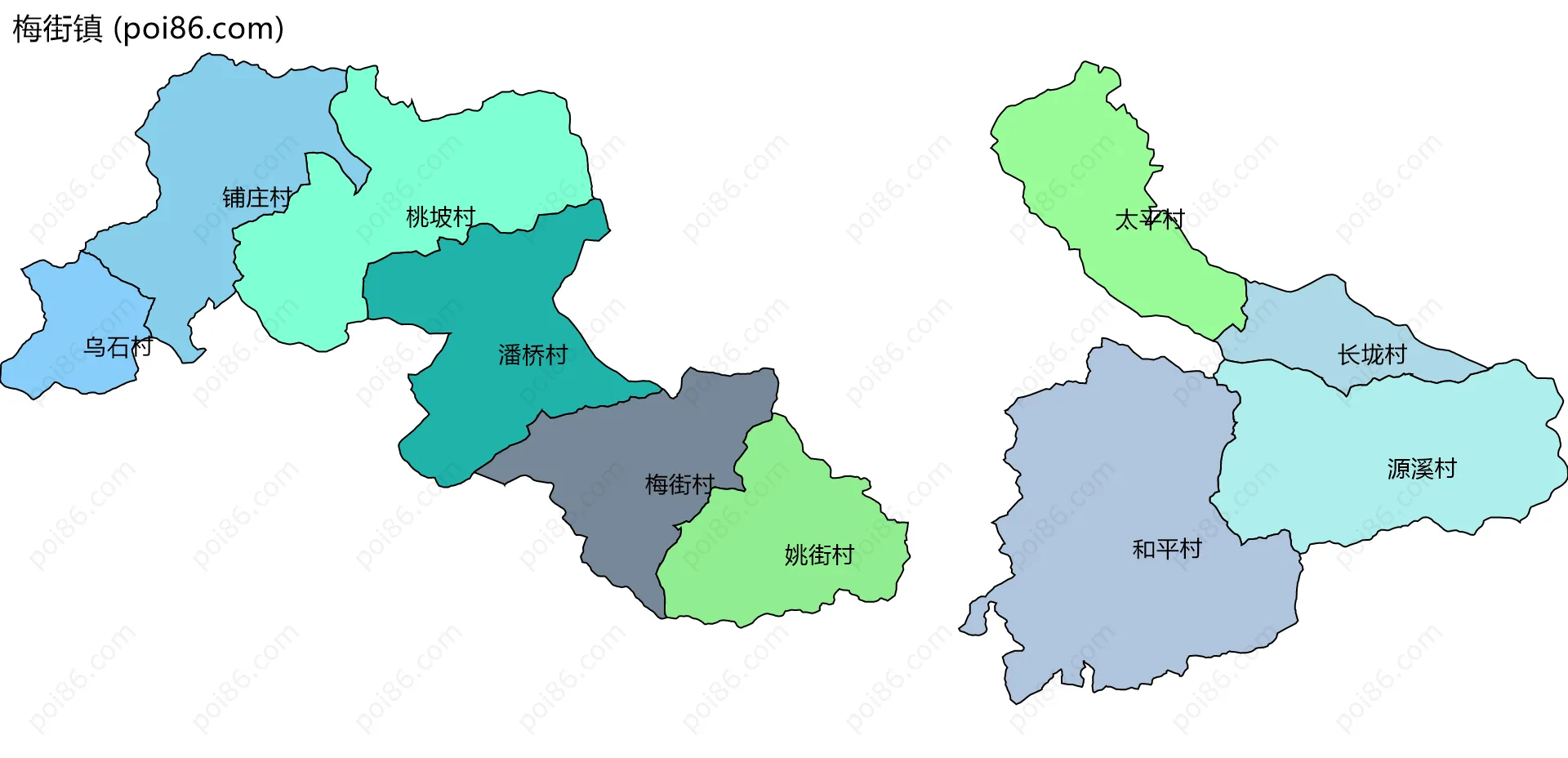 梅街镇边界地图(五级行政区划)