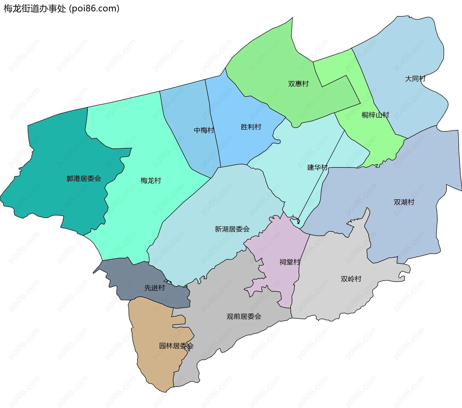梅龙街道办事处边界地图(五级行政区划)