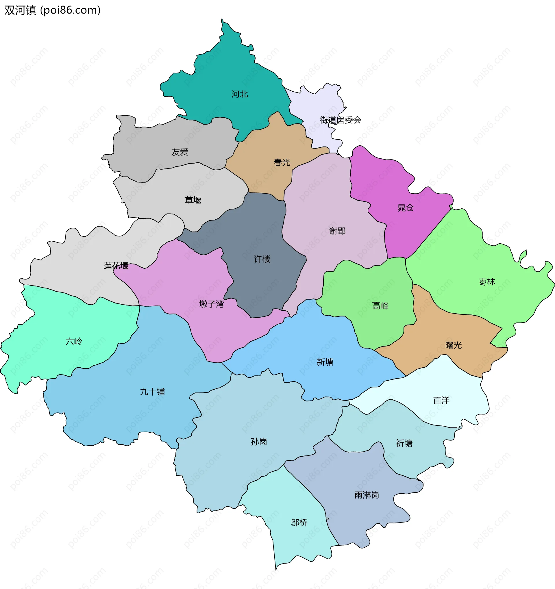 双河镇边界地图(五级行政区划)