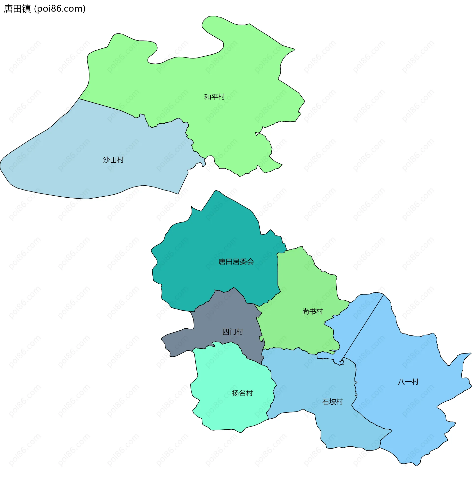 唐田镇边界地图(五级行政区划)