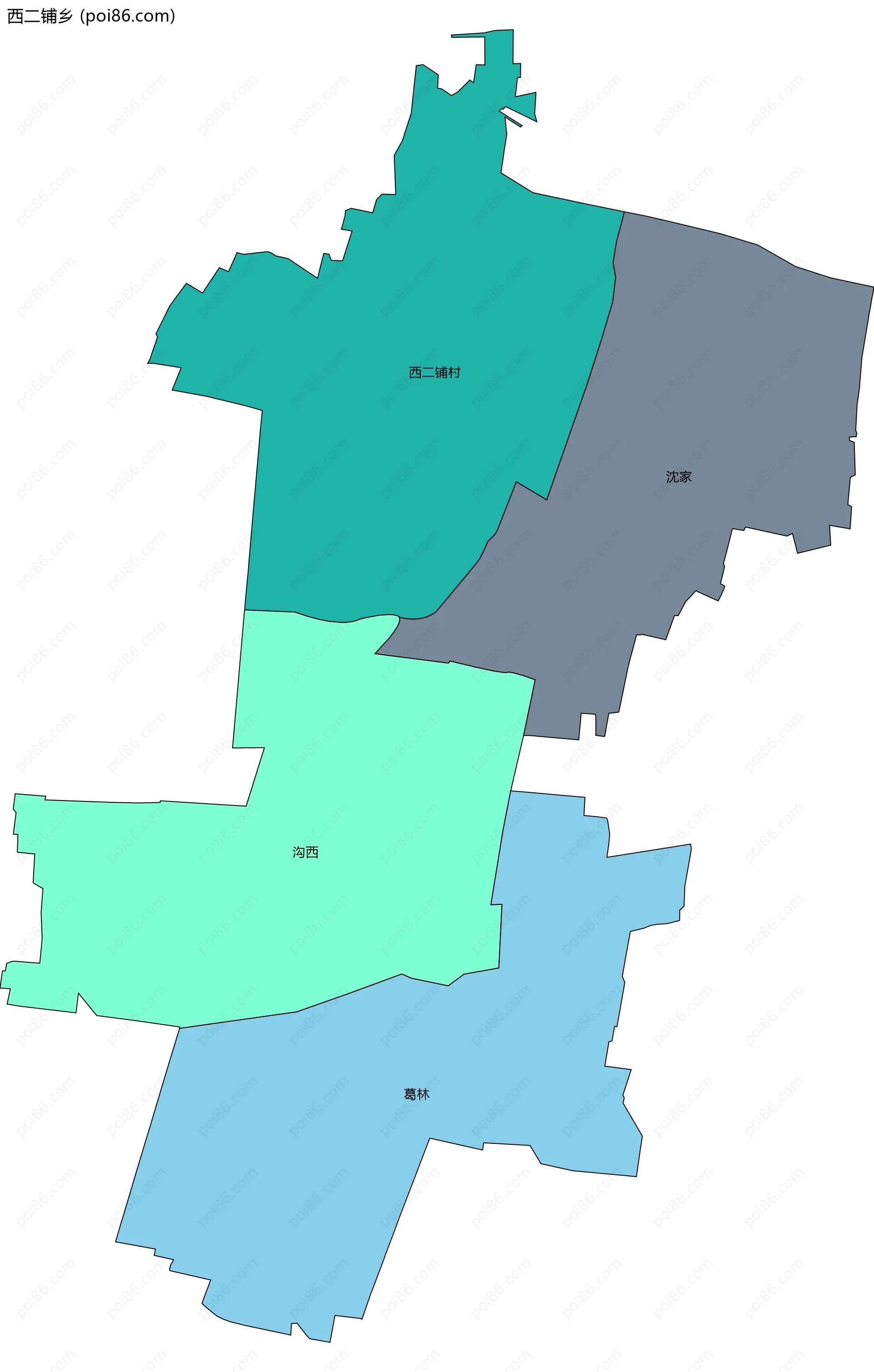 西二铺乡边界地图(五级行政区划)