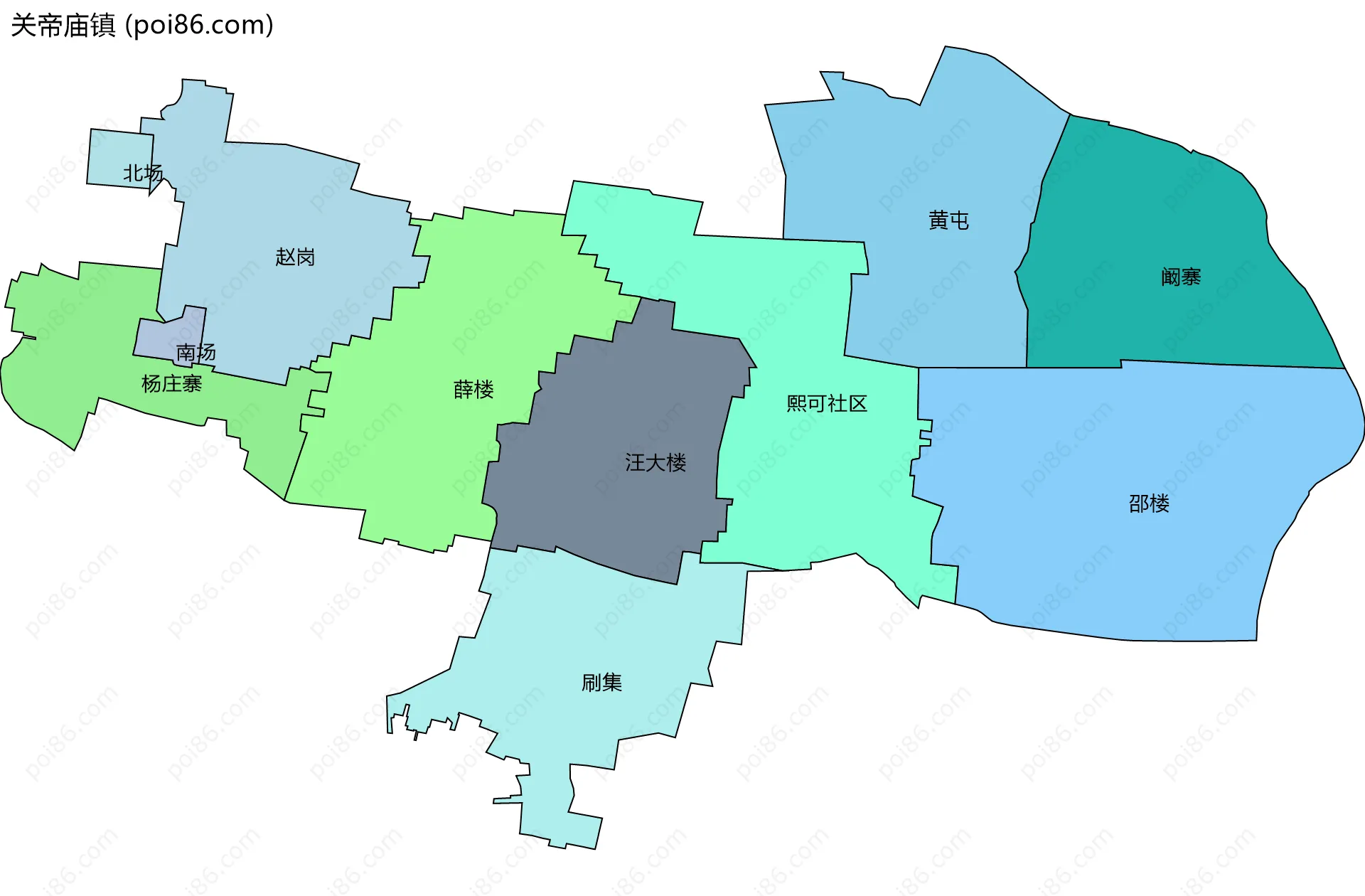 关帝庙镇边界地图(五级行政区划)