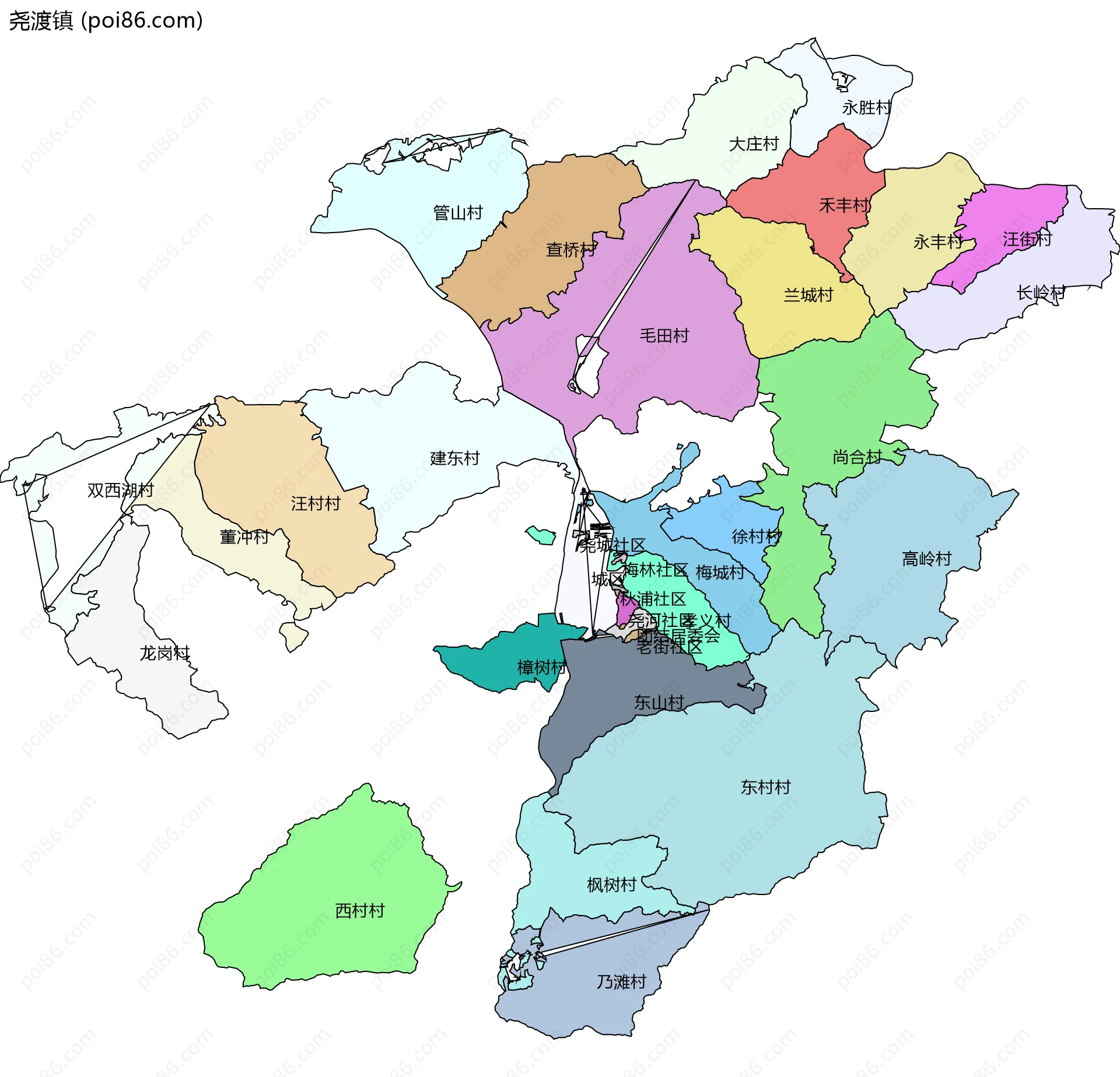 尧渡镇边界地图(五级行政区划)