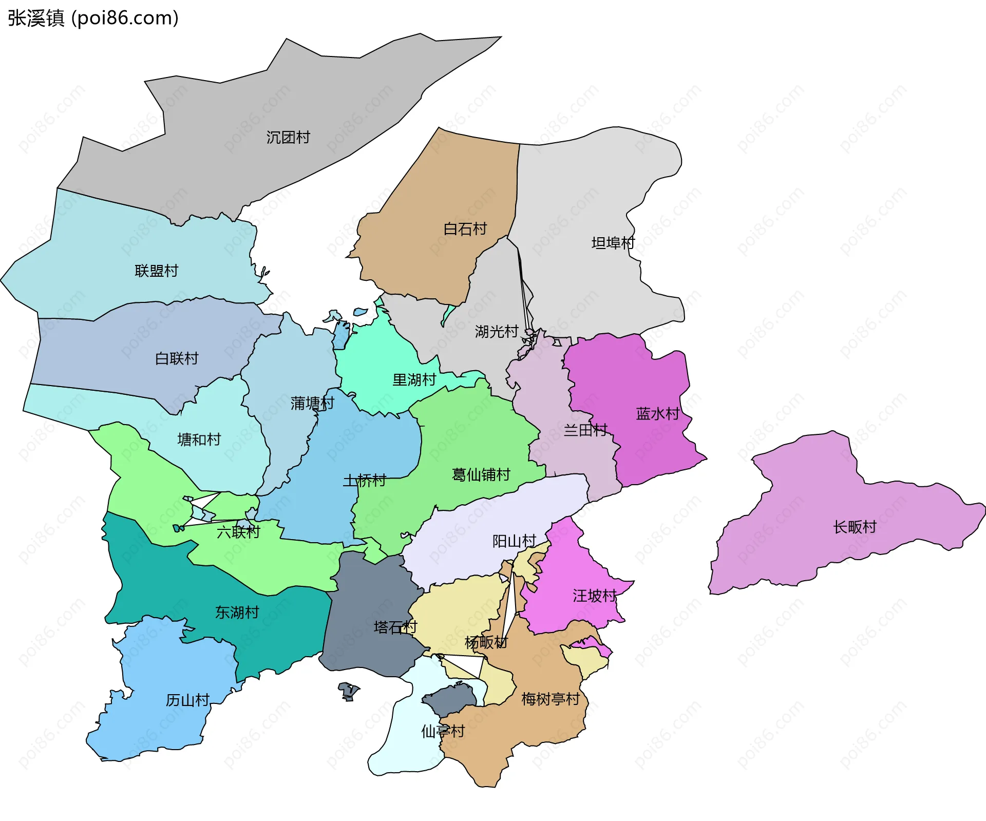 张溪镇边界地图(五级行政区划)