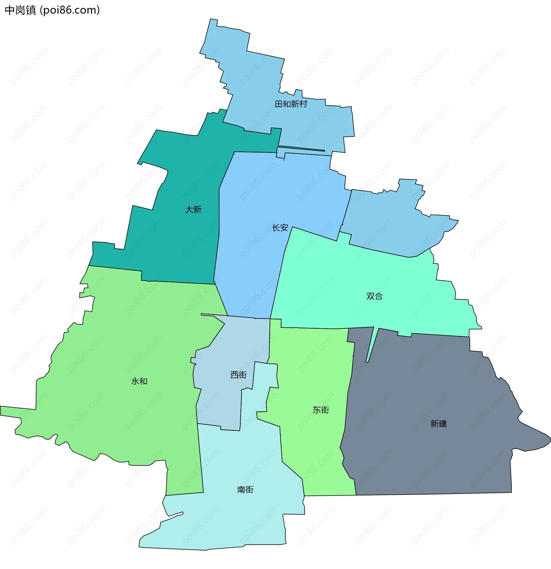 中岗镇边界地图(五级行政区划)