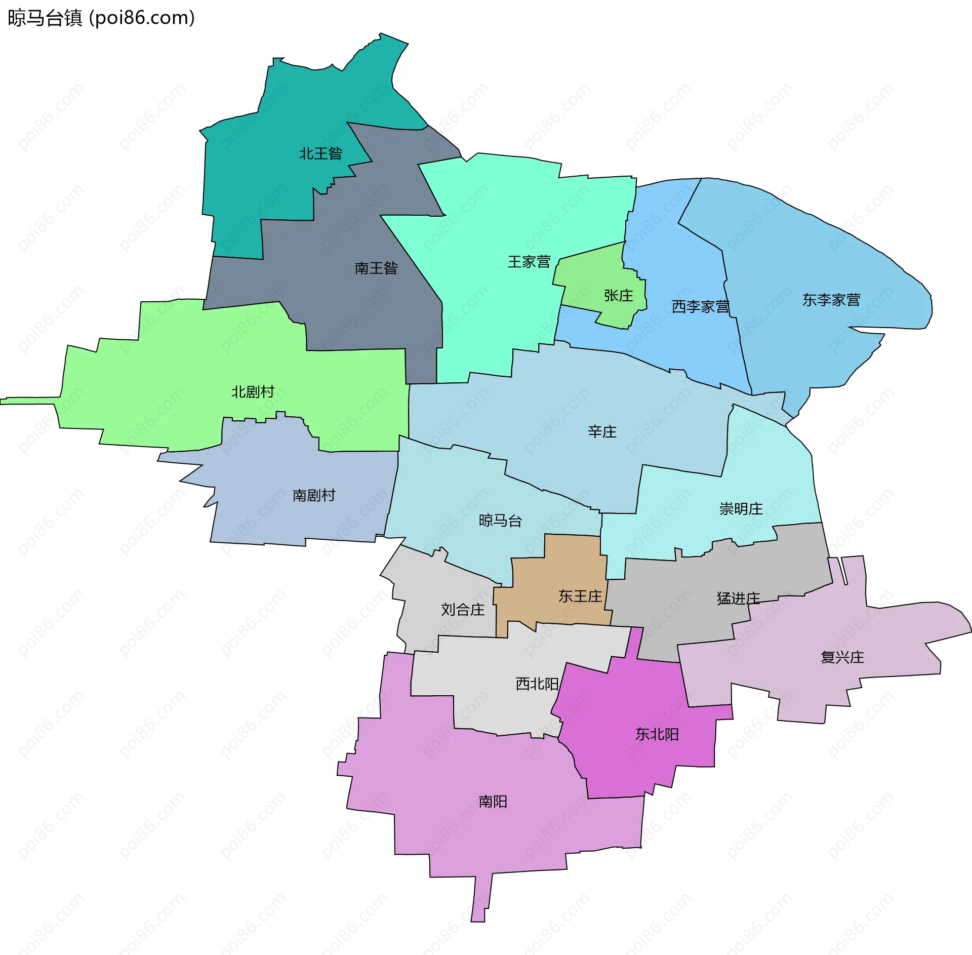 晾马台镇边界地图(五级行政区划)
