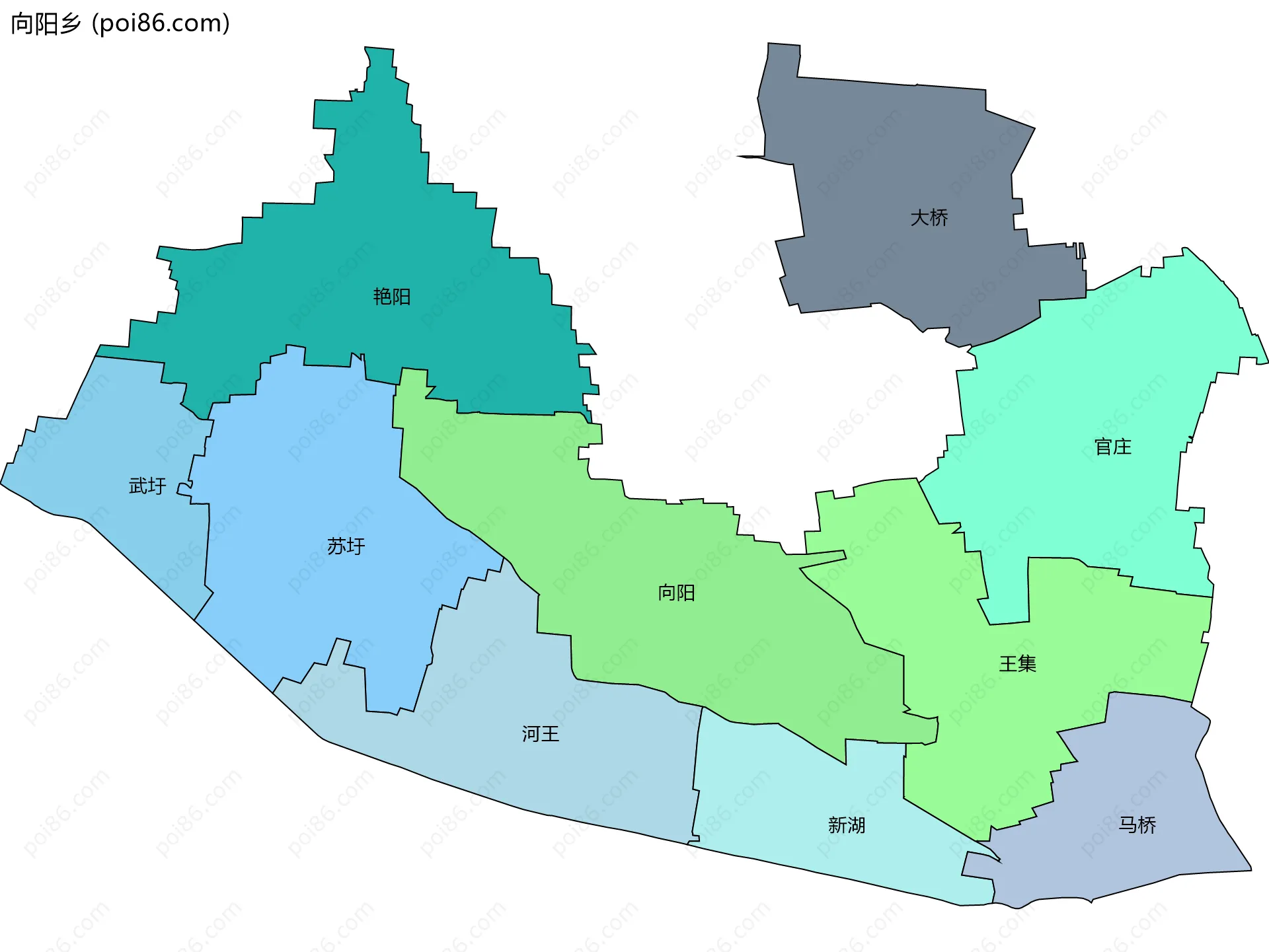 向阳乡边界地图(五级行政区划)