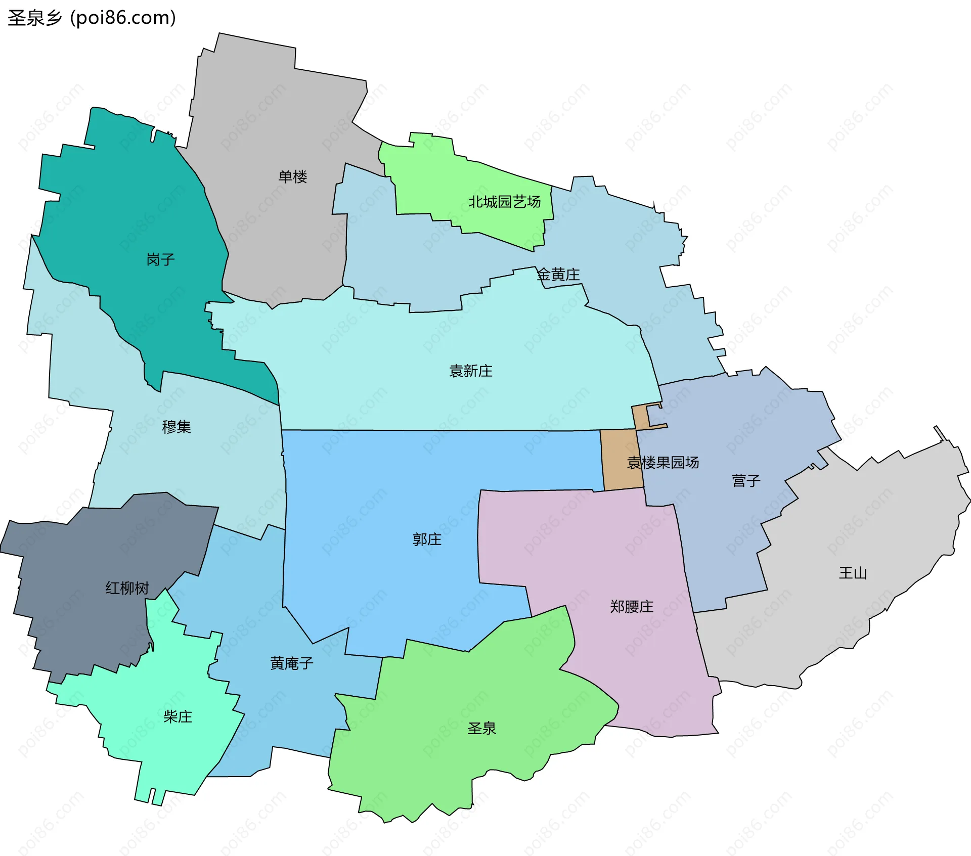圣泉乡边界地图(五级行政区划)