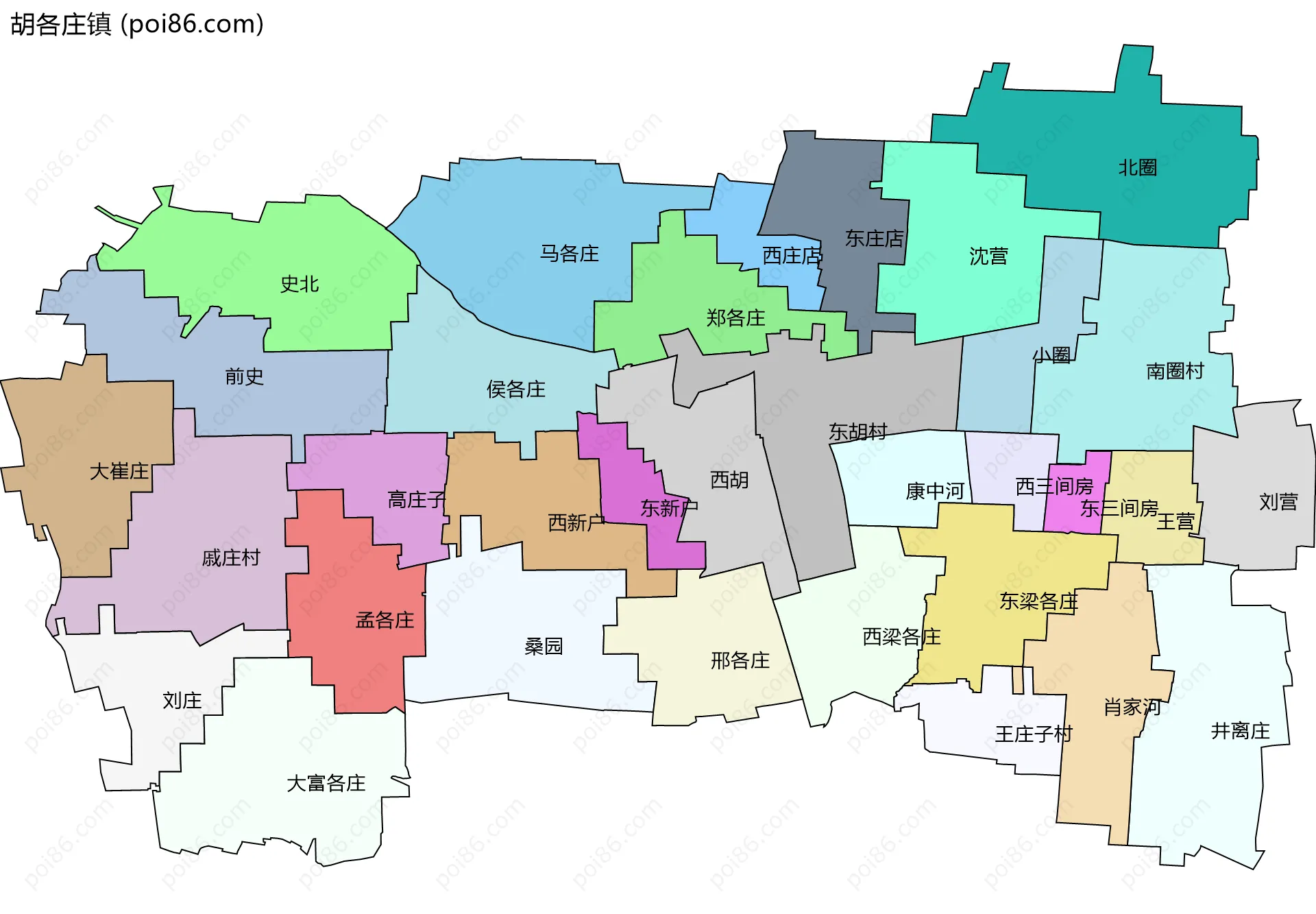 胡各庄镇边界地图(五级行政区划)
