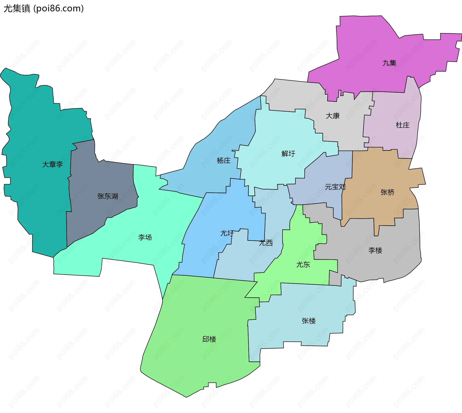 尤集镇边界地图(五级行政区划)