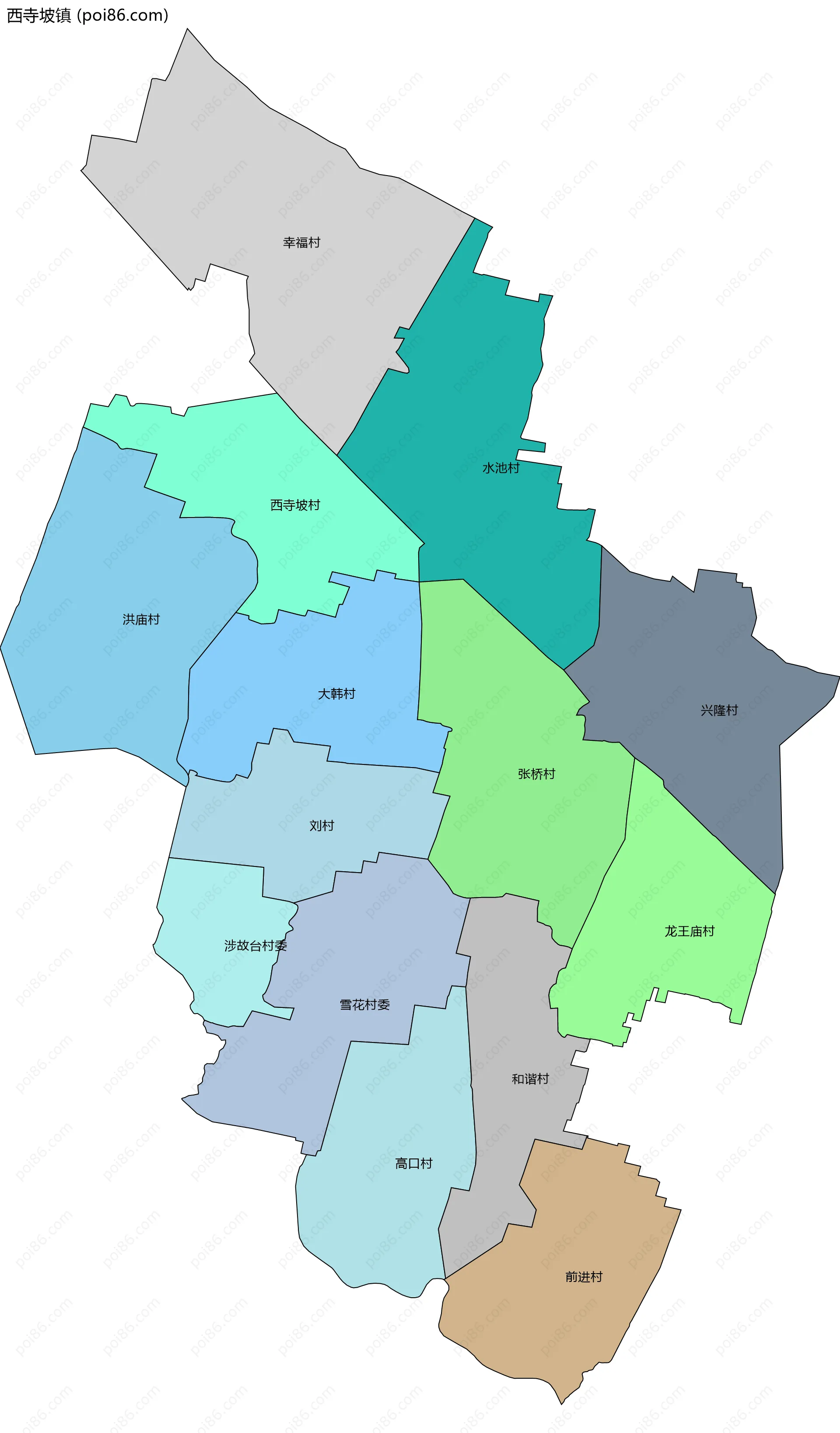 西寺坡镇边界地图(五级行政区划)