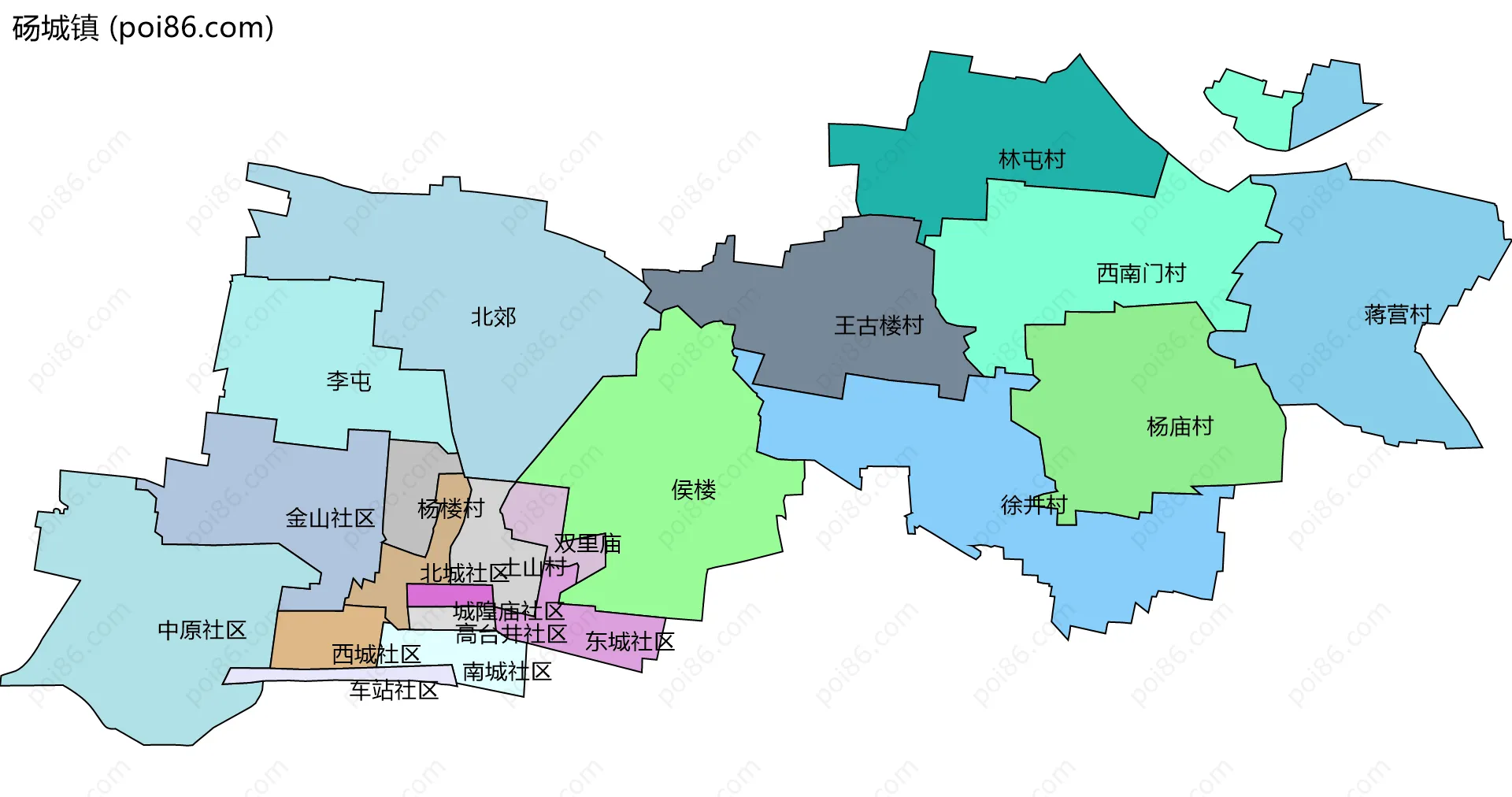 砀城镇边界地图(五级行政区划)