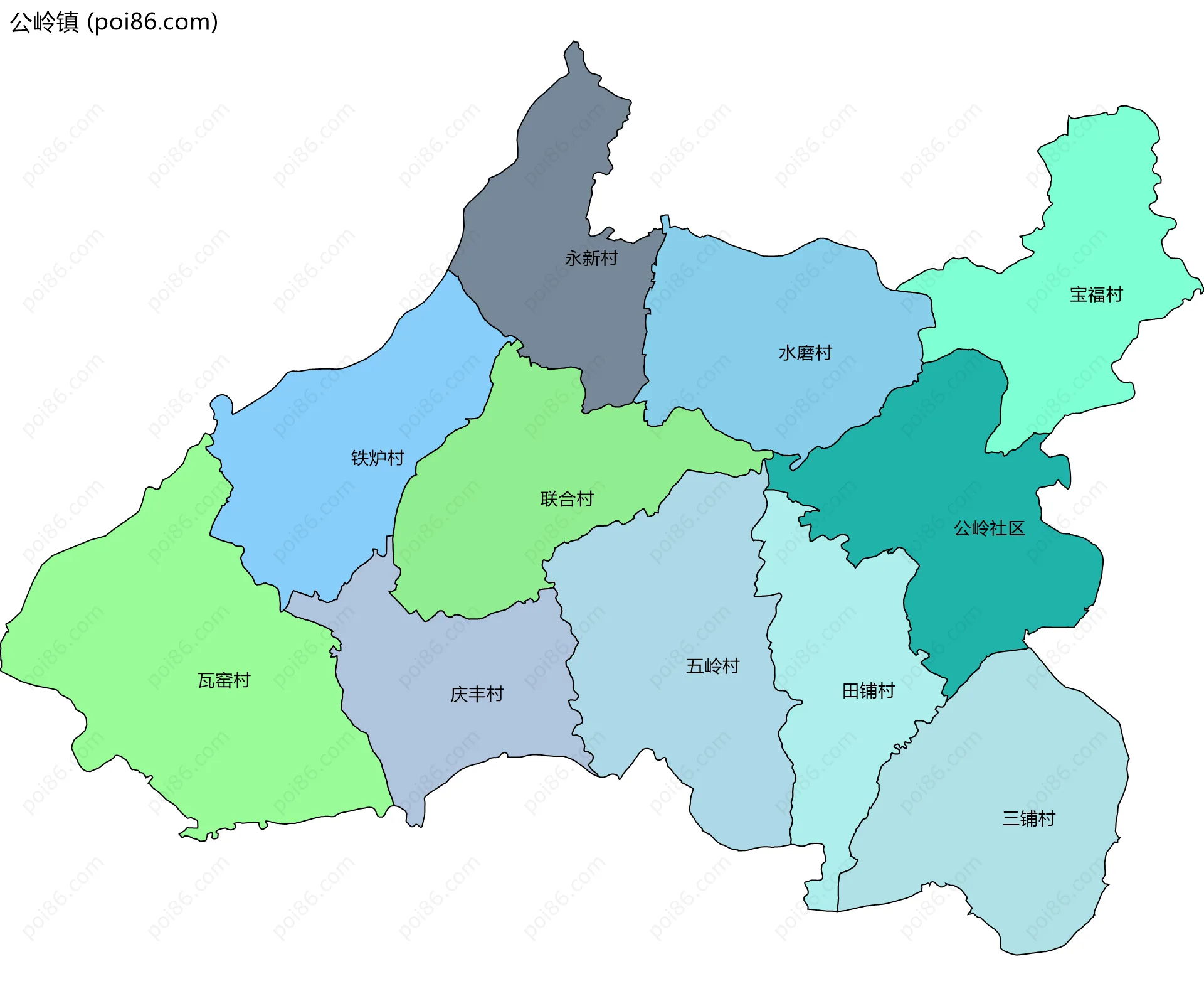 公岭镇边界地图(五级行政区划)