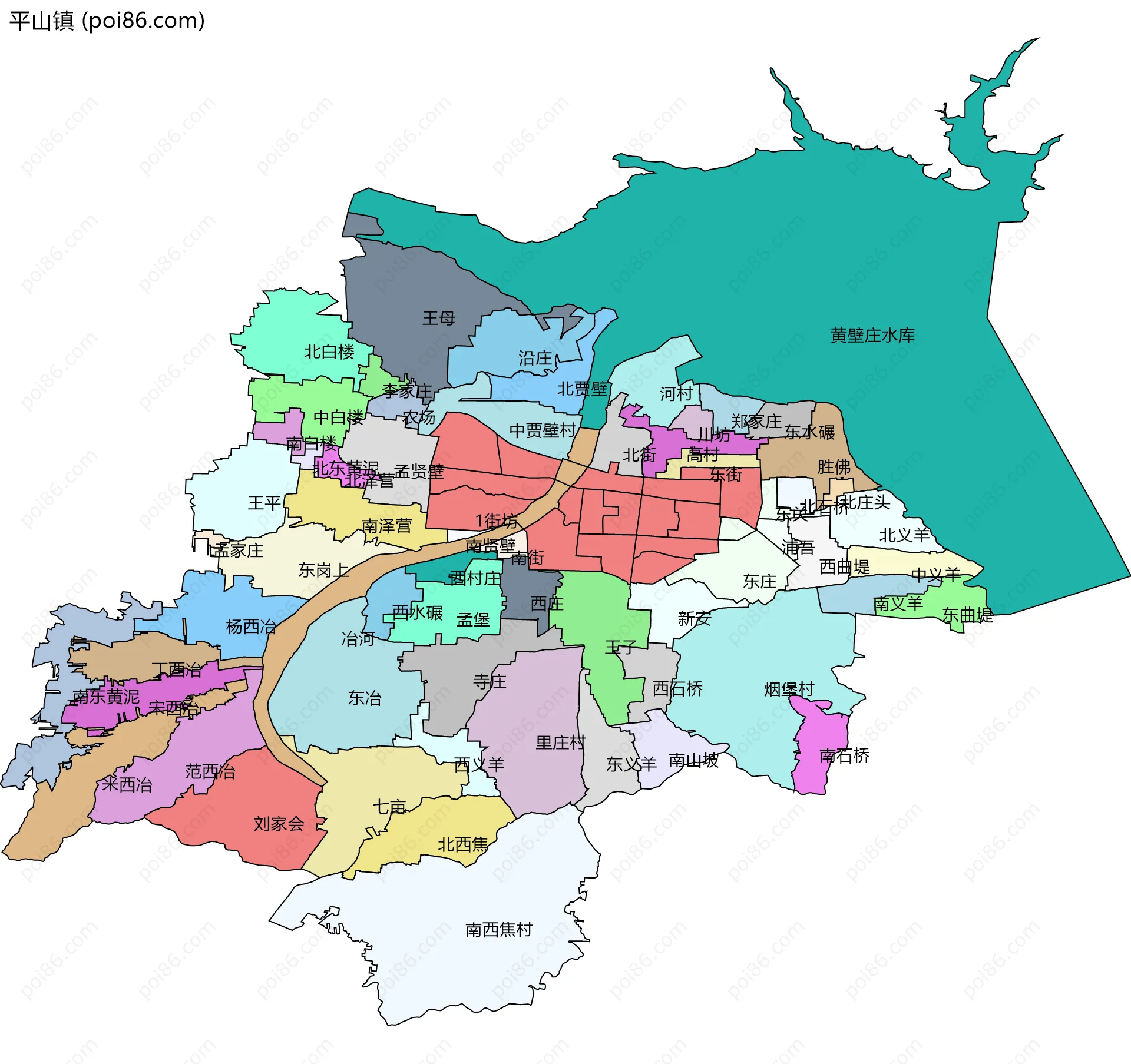 平山镇边界地图(五级行政区划)