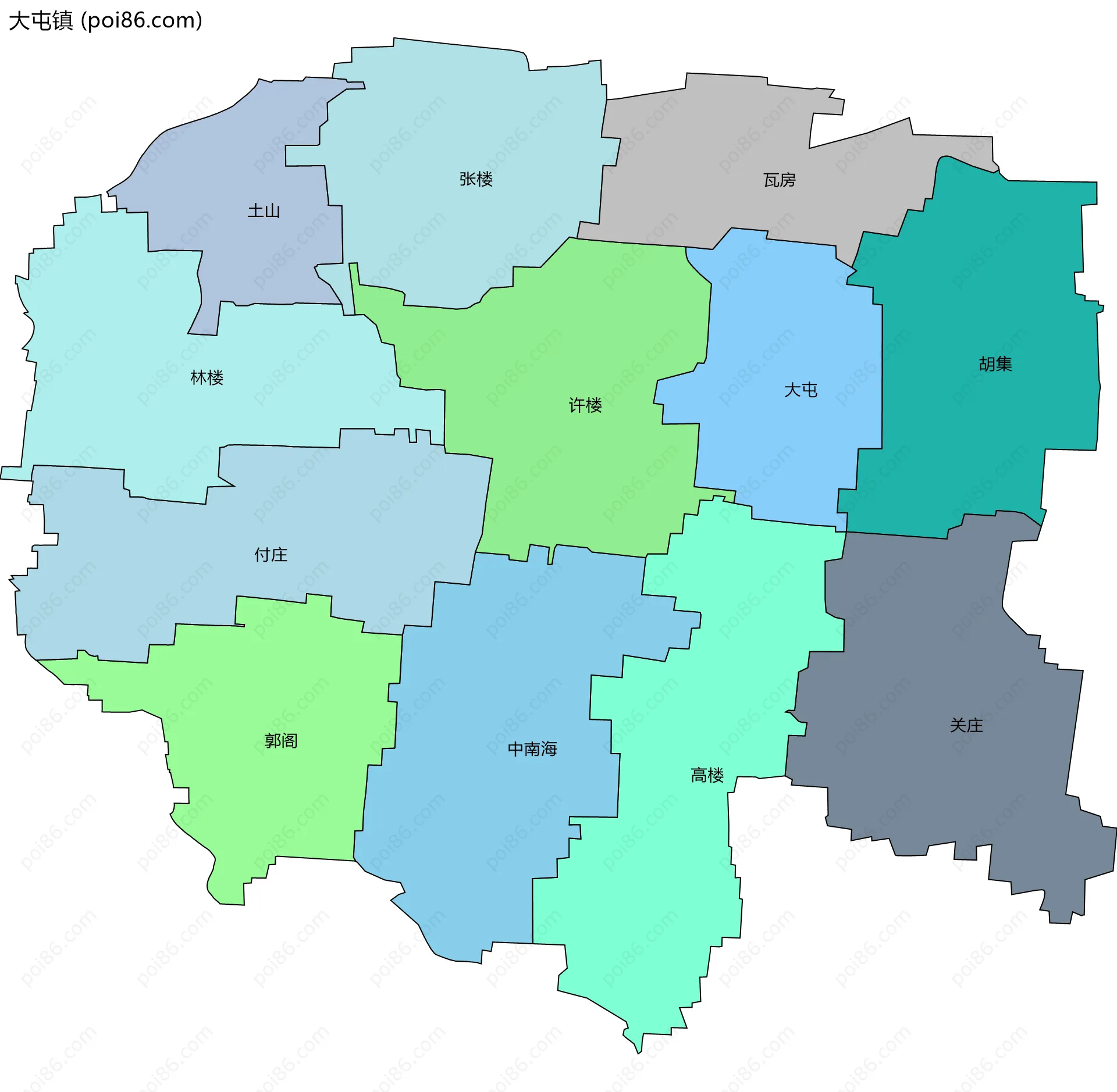 大屯镇边界地图(五级行政区划)