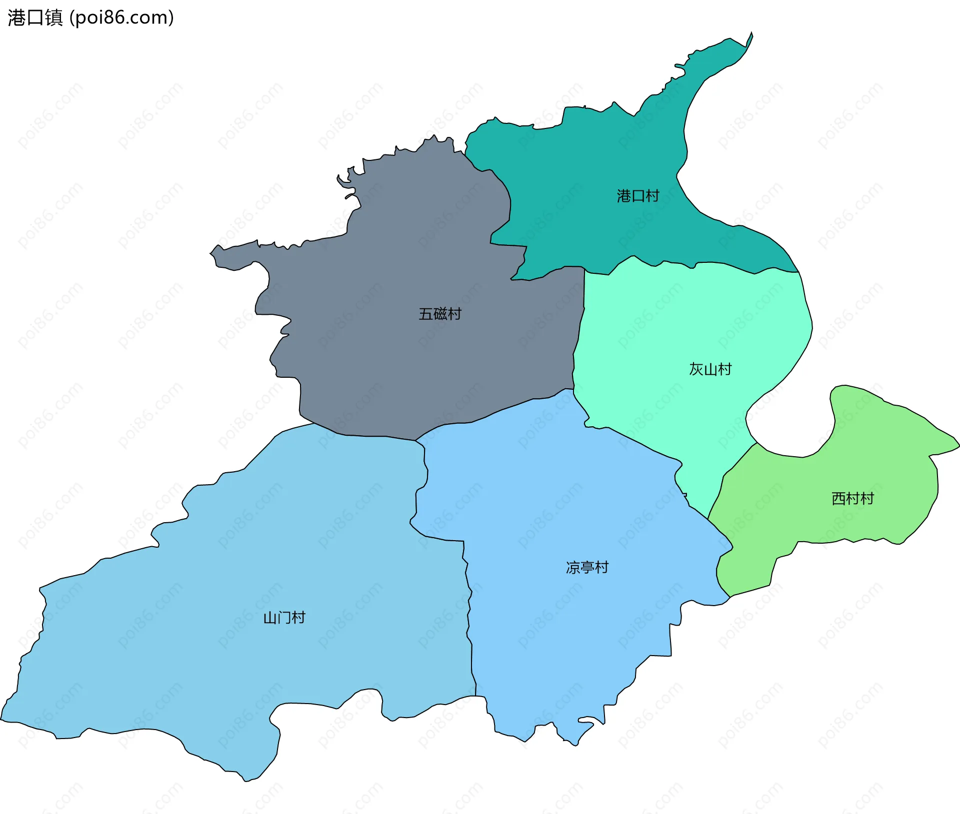 港口镇边界地图(五级行政区划)