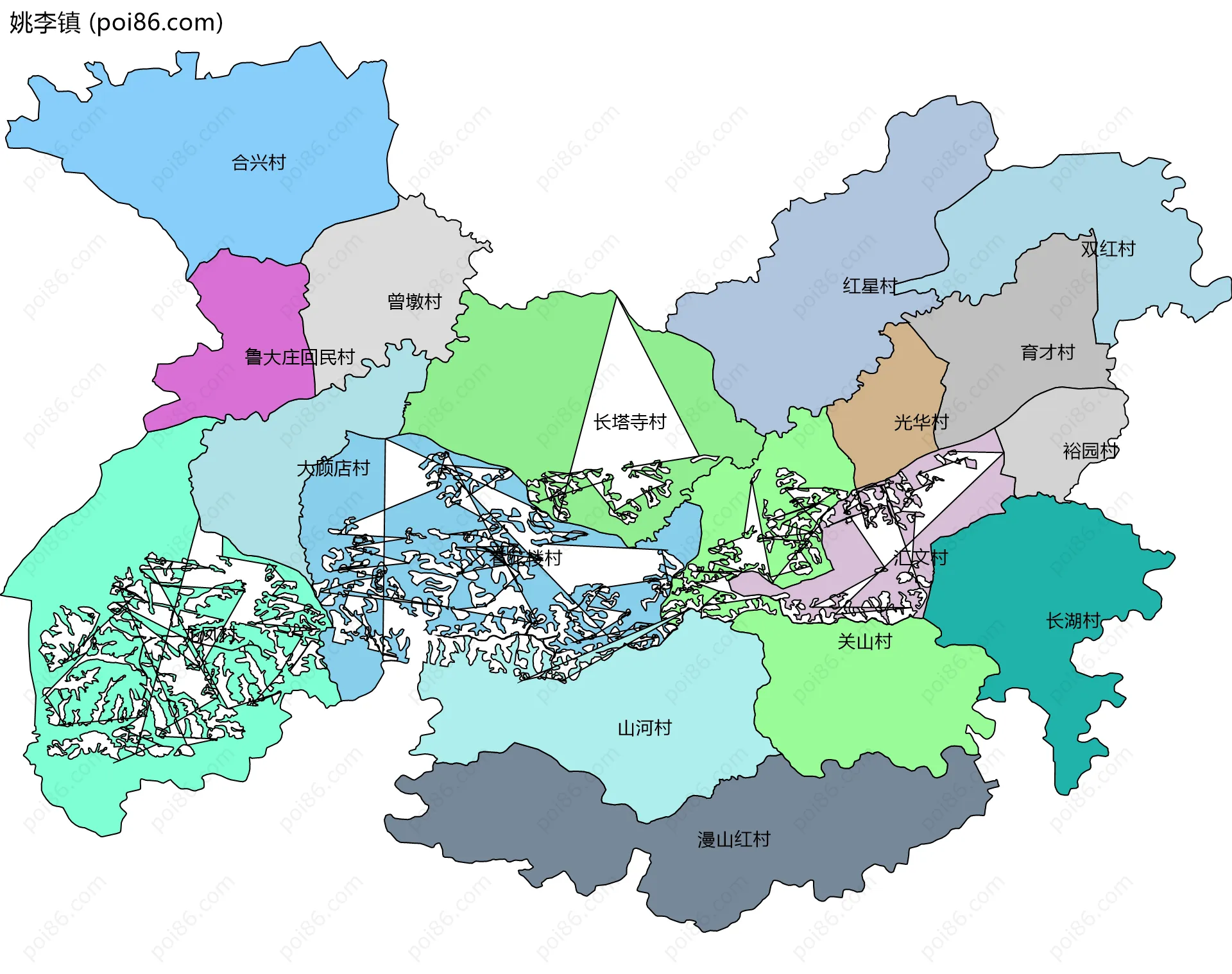 姚李镇边界地图(五级行政区划)