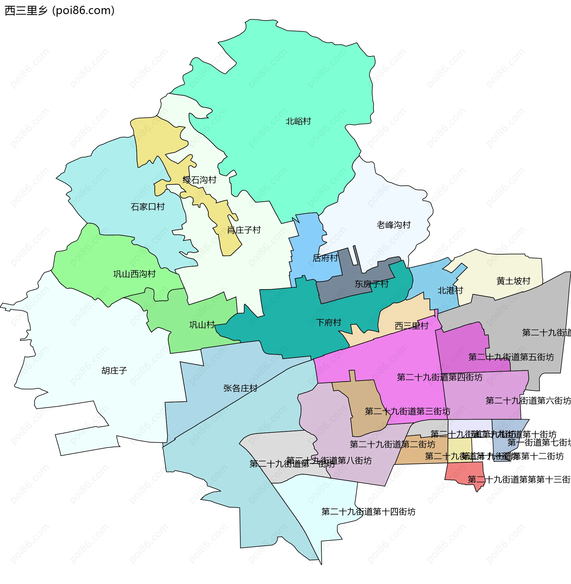 西三里乡边界地图(五级行政区划)
