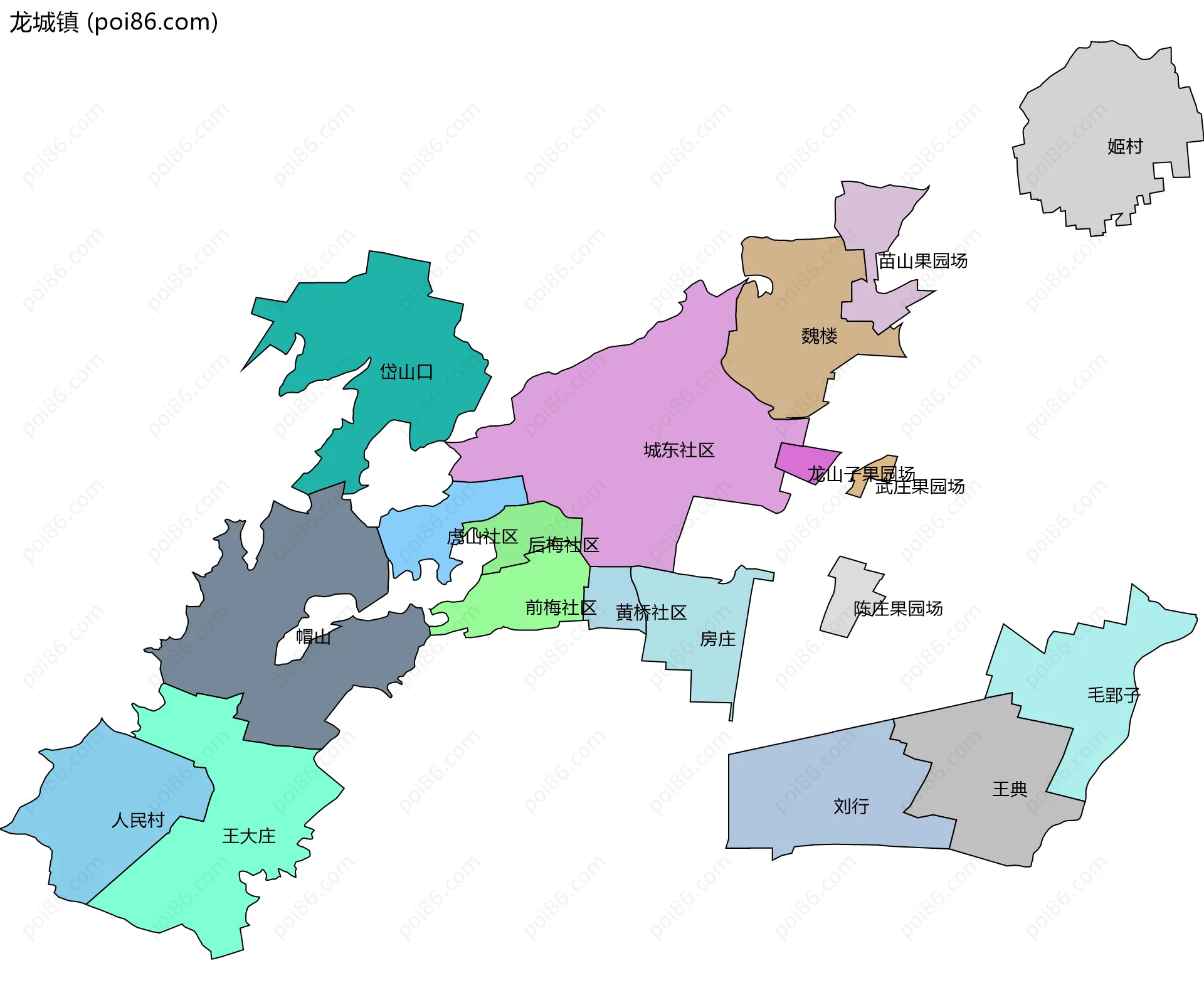 龙城镇边界地图(五级行政区划)